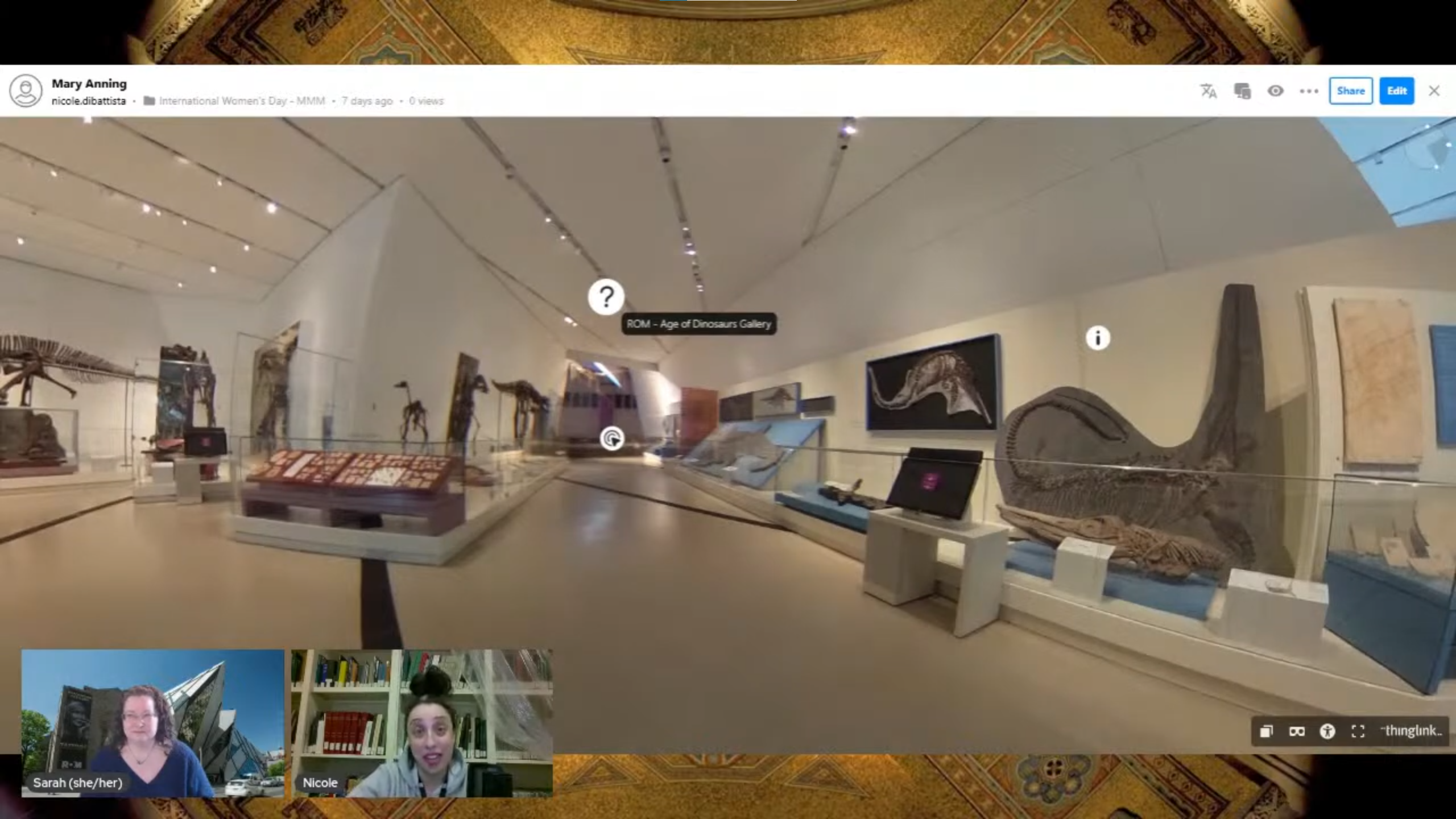 A screenshot of a gallery filled with dinosaur fossils. Two facecams of smiling women sit at the bottom left.