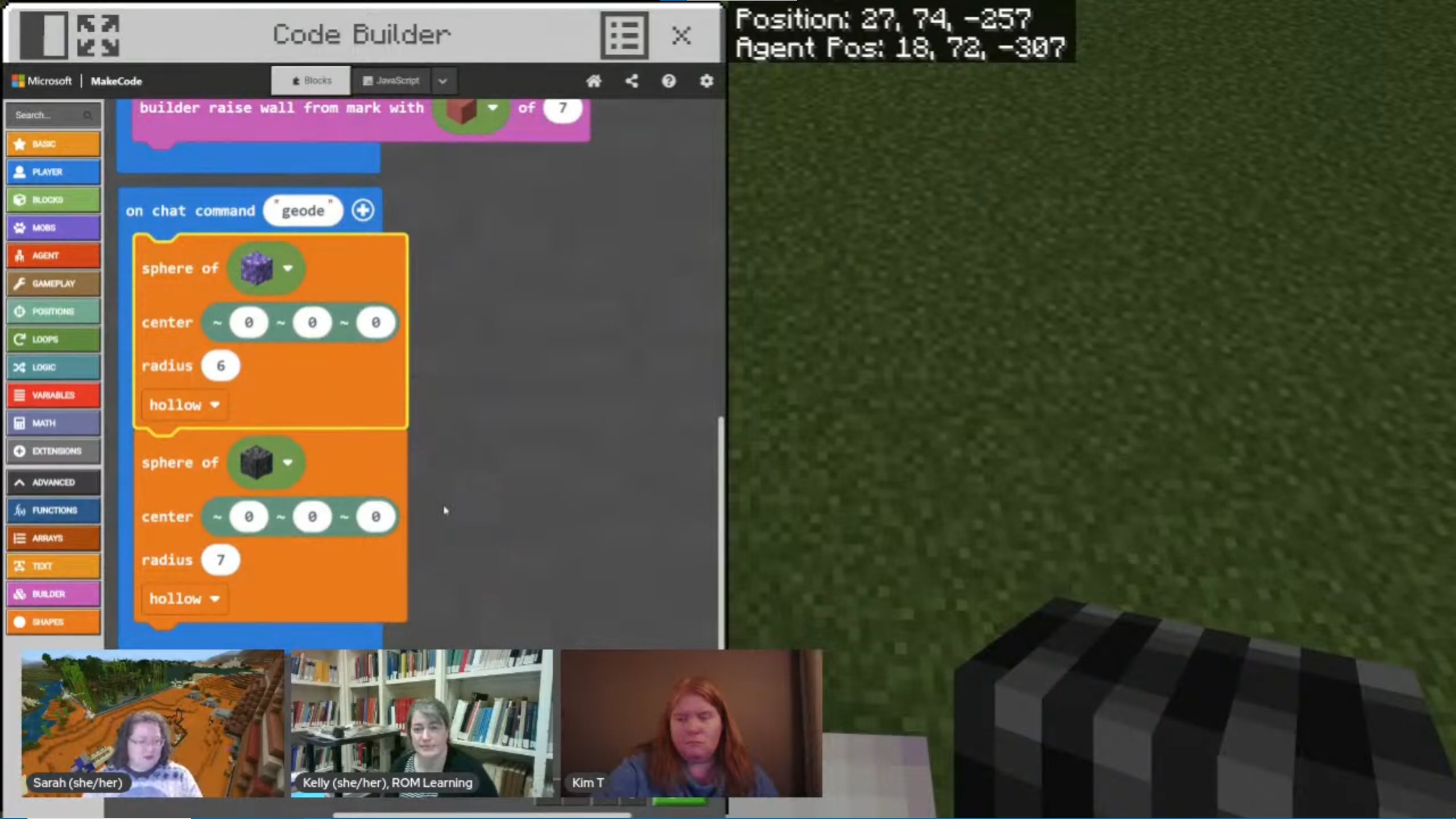 A Minecraft screenshot showing a coding window displaying the code needed to build a geode.