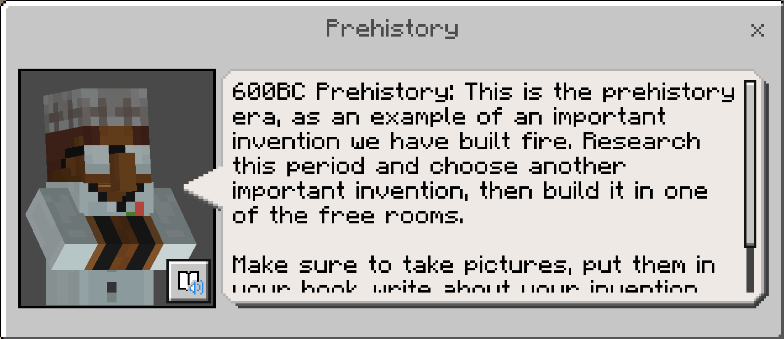 Minecraft screenshot of a person with glasses talking about innovation in a dialogue bubble