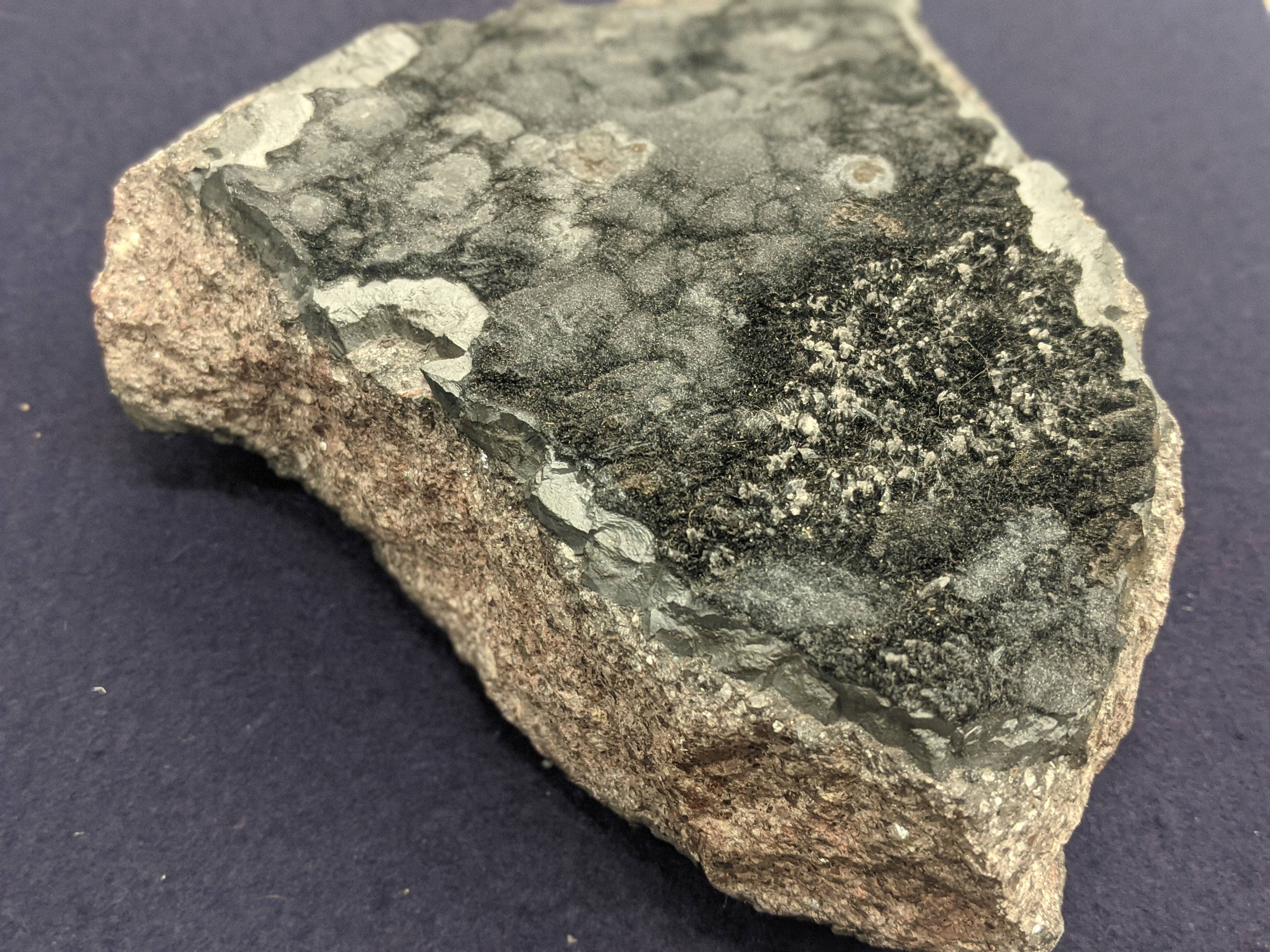 Dark fuzzy-looking mineral on top of beige and grey rock.