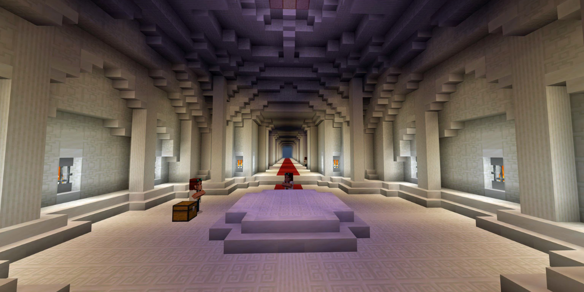 A Minecraft screenshot of a rotunda made of white stone, beyond which are hallways leading to museum displays