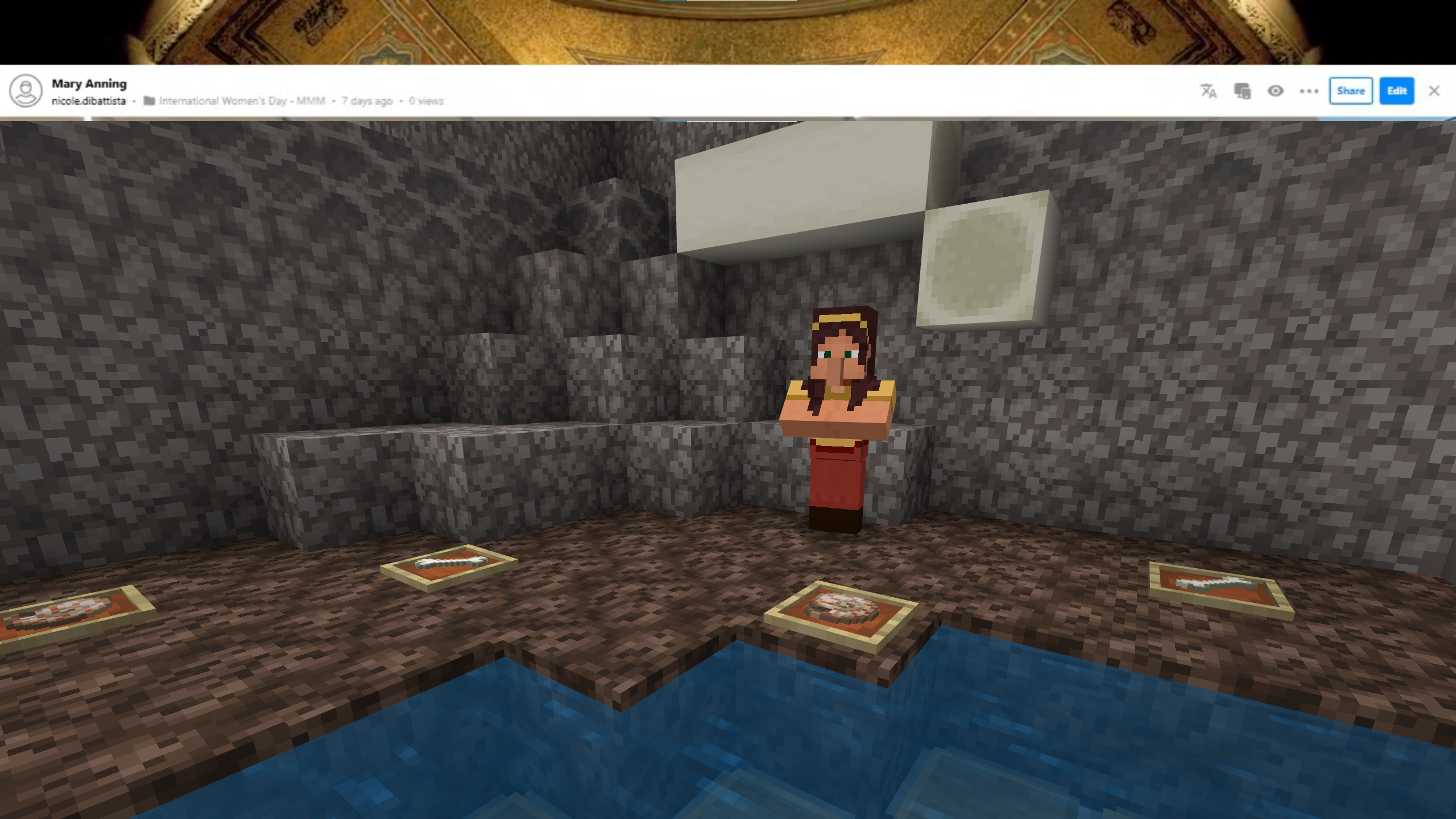 A Minecraft screenshot of a person standing on a beach. Layered walls containing bones are behind the person, and fossil bones and shells scatter the shore.