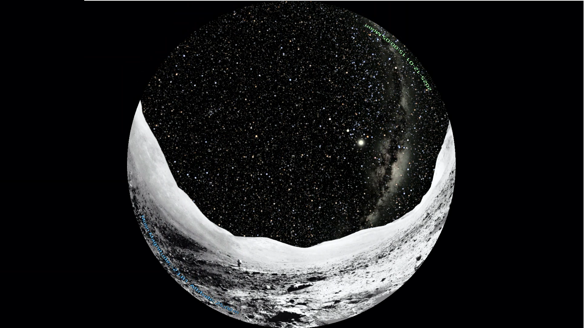 A screenshot of the virtual planetarium showing space as viewed from the surface of the moon. A tiny astronaut stands in the distance.