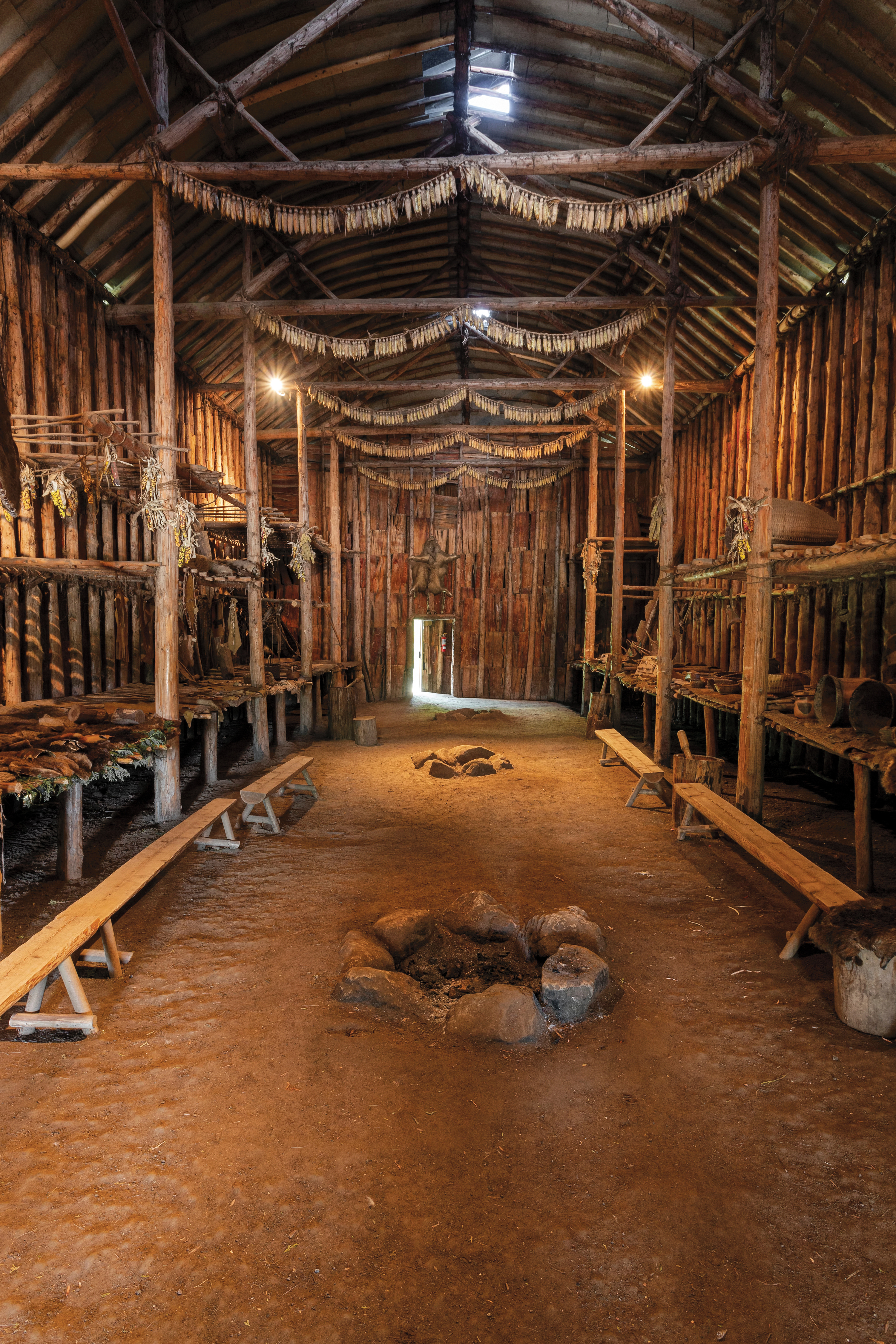 A reconstructed 15th-century Iroquoian longhouse at the Crawford Lake Conservation Area