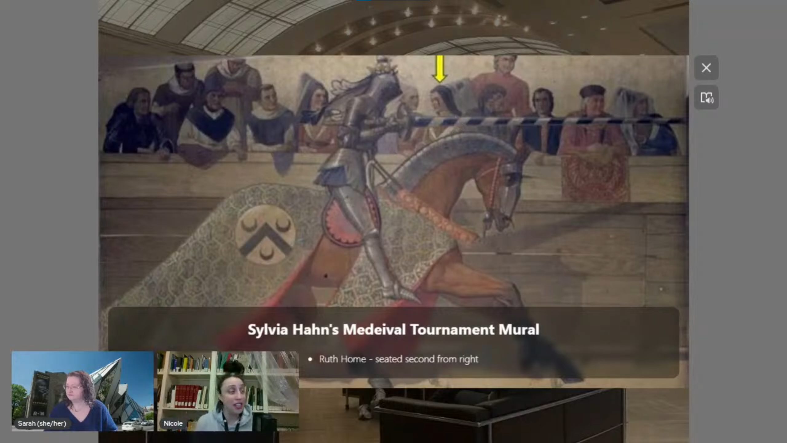 A screenshot of a painted mural with an arrow pointing at a woman in a hennin. Text reads Sylvia Hahn’s Medieval Tournament Mural. Two facecams of smiling women sit at the bottom left.