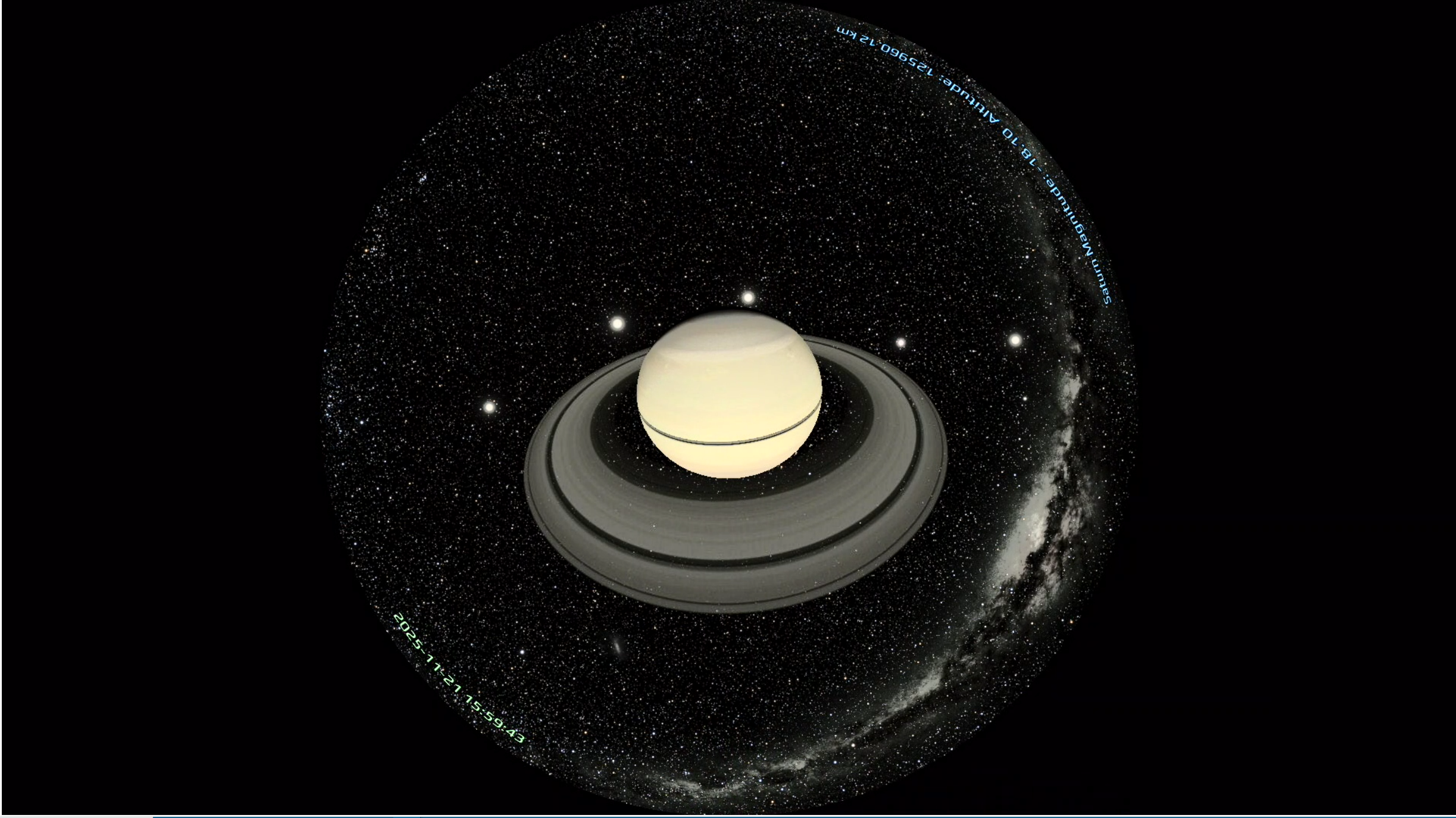 A screenshot of the virtual planetarium showing Saturn’s rings and moons as viewed from space.