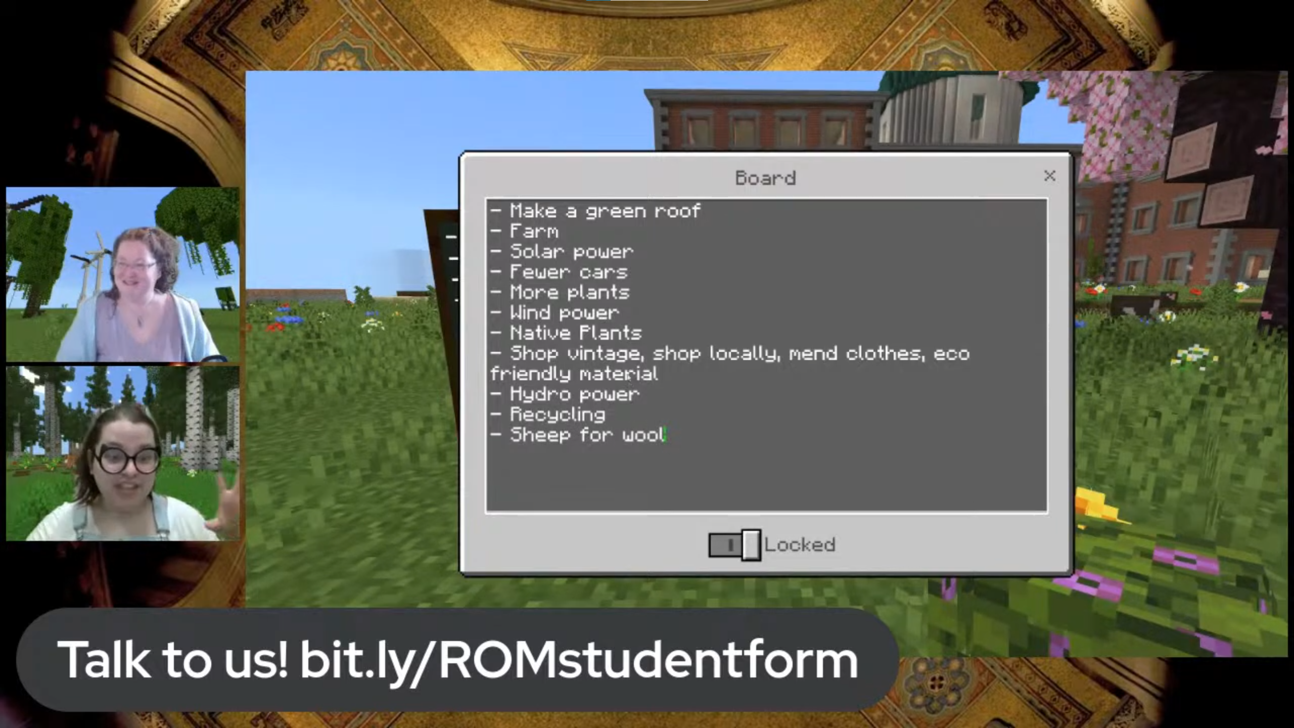A Minecraft screenshot of an in-game chalkboard containing a list of climate change solutions