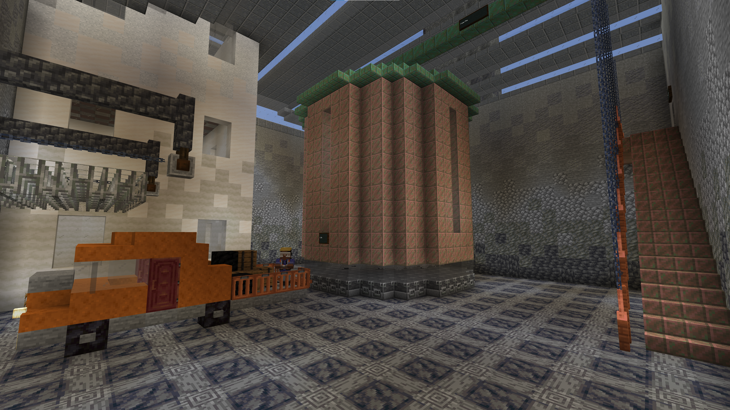 A Minecraft screenshot of a coal truck next to a large boiler in a power plant.