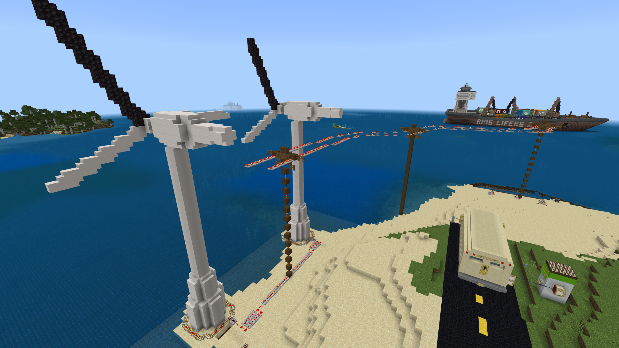 A Minecraft screenshot of two white windmills, each with one black blade, connected by power lines.