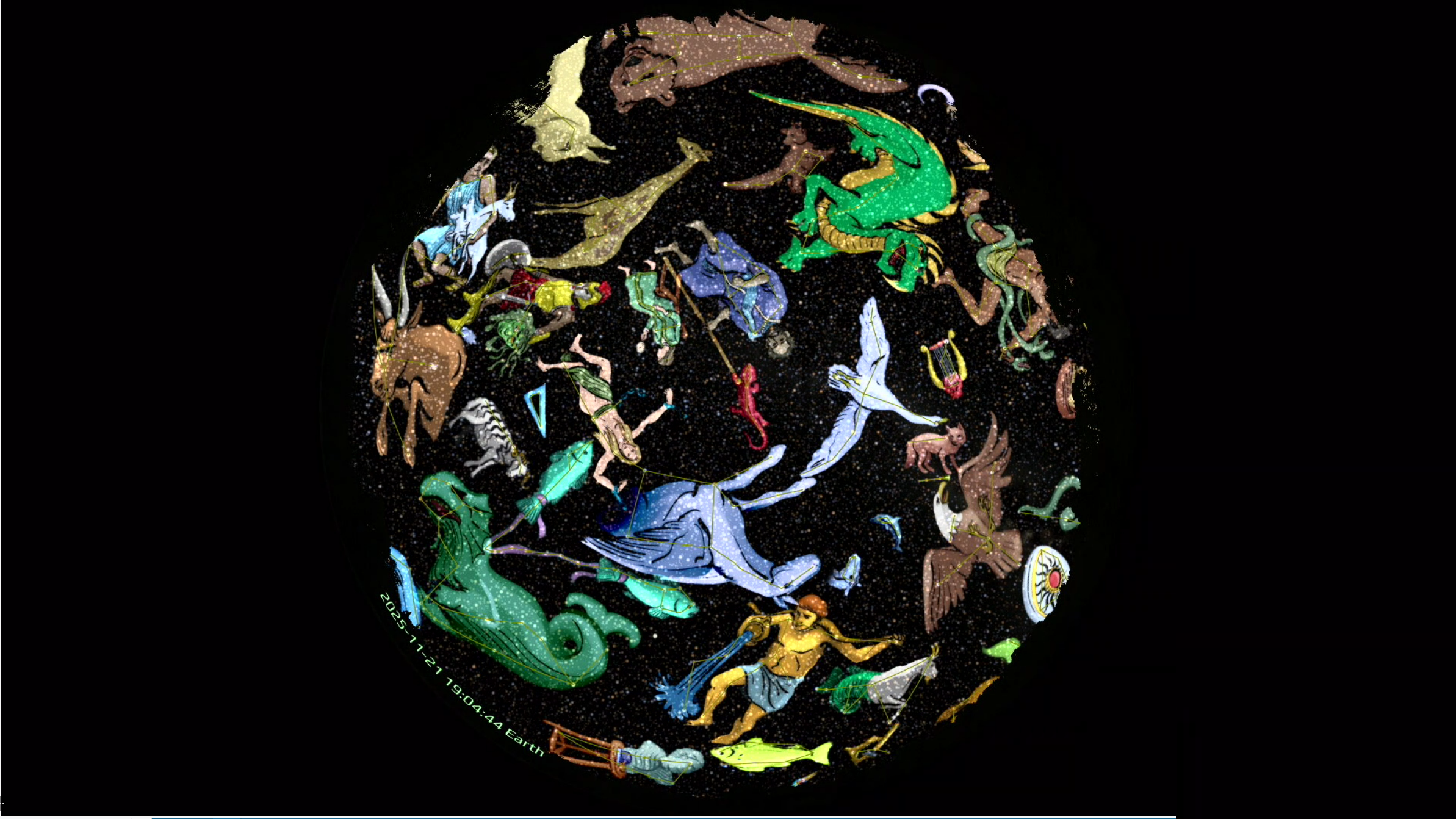 A screenshot of a virtual night sky, with colourful illustrations representing constellations superimposed over their respective star patterns.