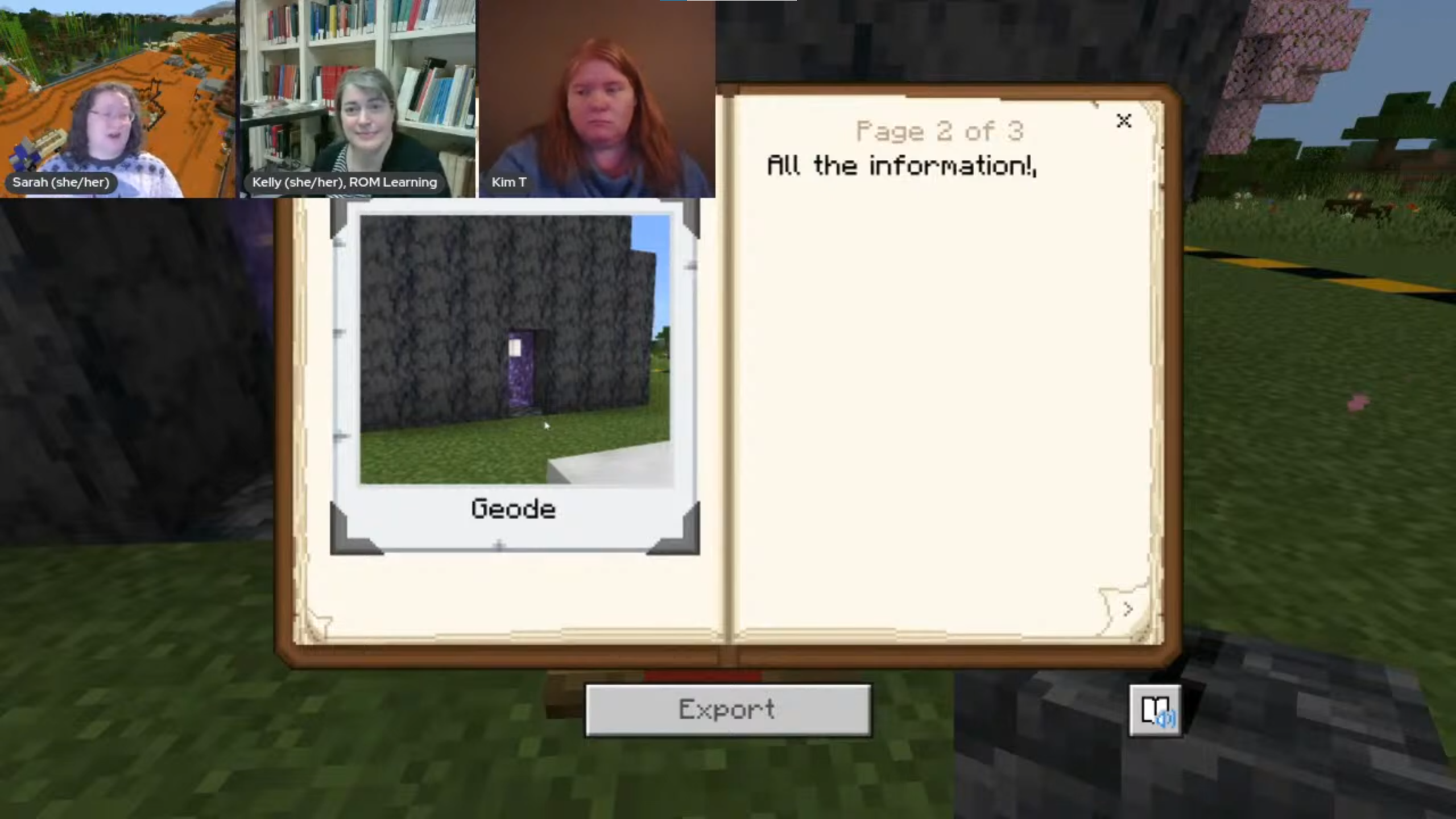 A screenshot of an open Minecraft book displaying a picture labelled geode on one page, and descriptive text on the other.