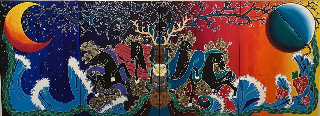 A colourful painted mural depicting stories and  teachings from a program called Youth Cabinet at ROM.