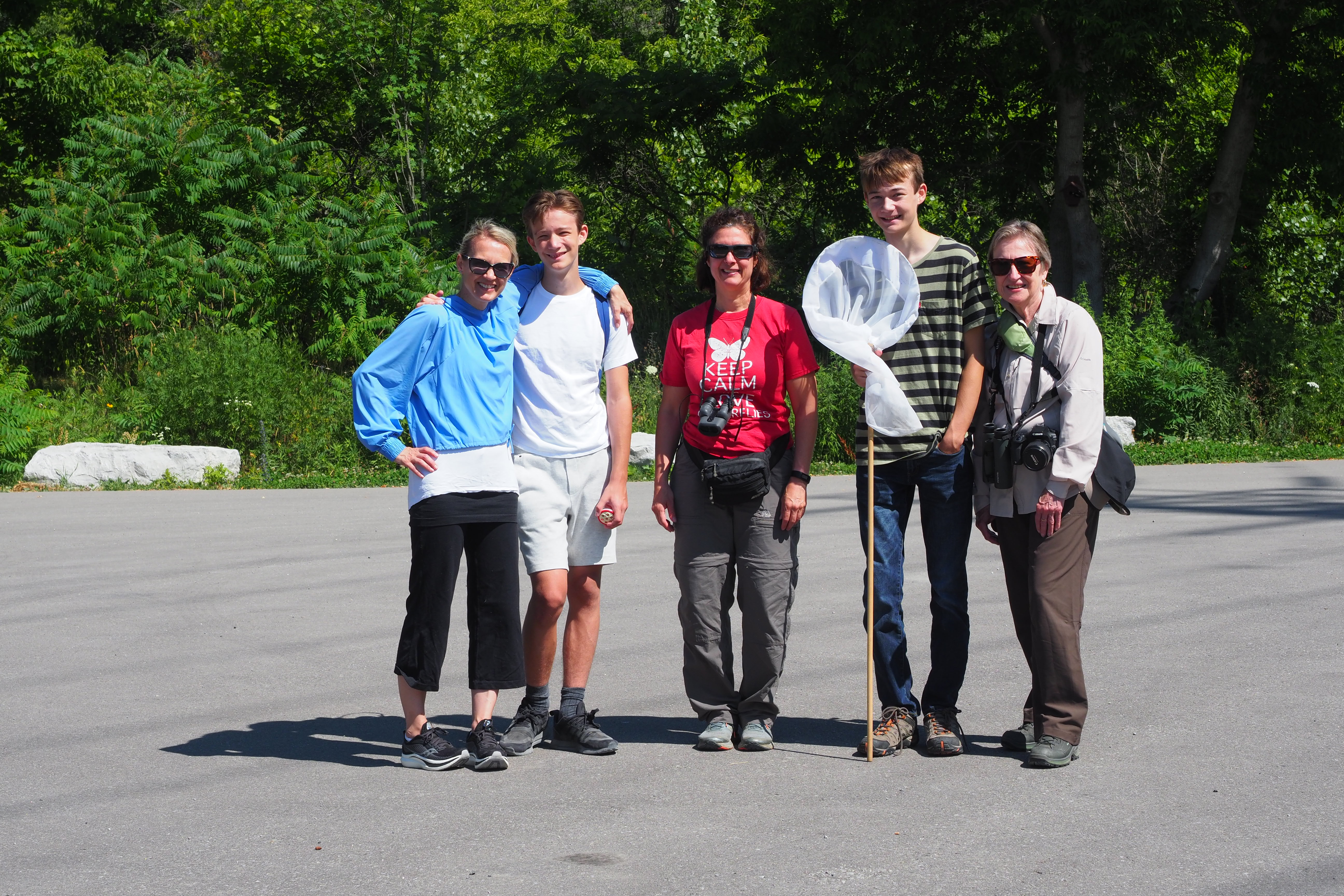 From left to right: Suzanne Robertson, Fisher Robertson, Antonia Guidotti, Beckett Robertson, and Margaret Kelch at Toronto’s annual butterfly count on July 9, 2022