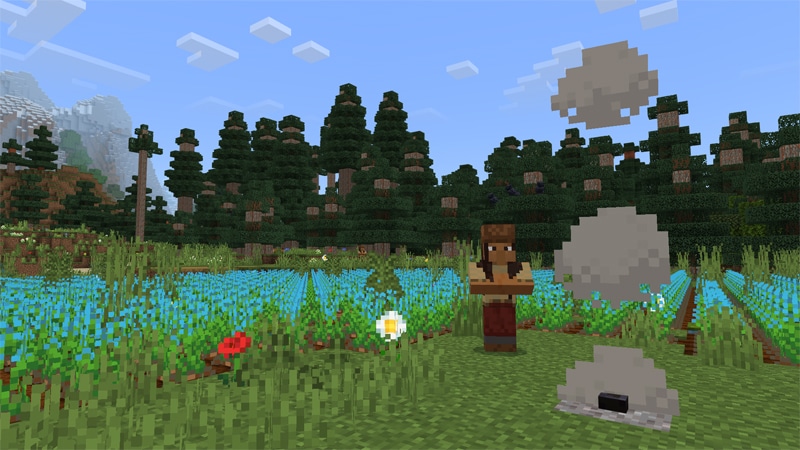 A Minecraft screenshot of an Indigenous Knowledge Carrier standing in front of a field of blue flowers.