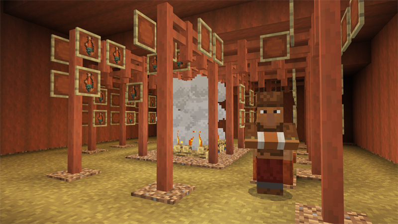 A Minecraft screenshot of an Indigenous Knowledge Carrier standing in a salmon smokehouse.