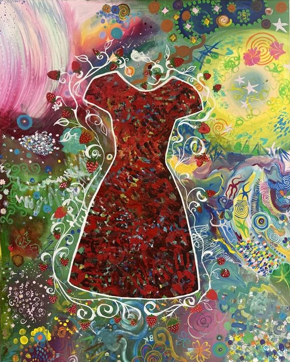 An artwork of a red dress surrounded by strawberries against a colourful background 