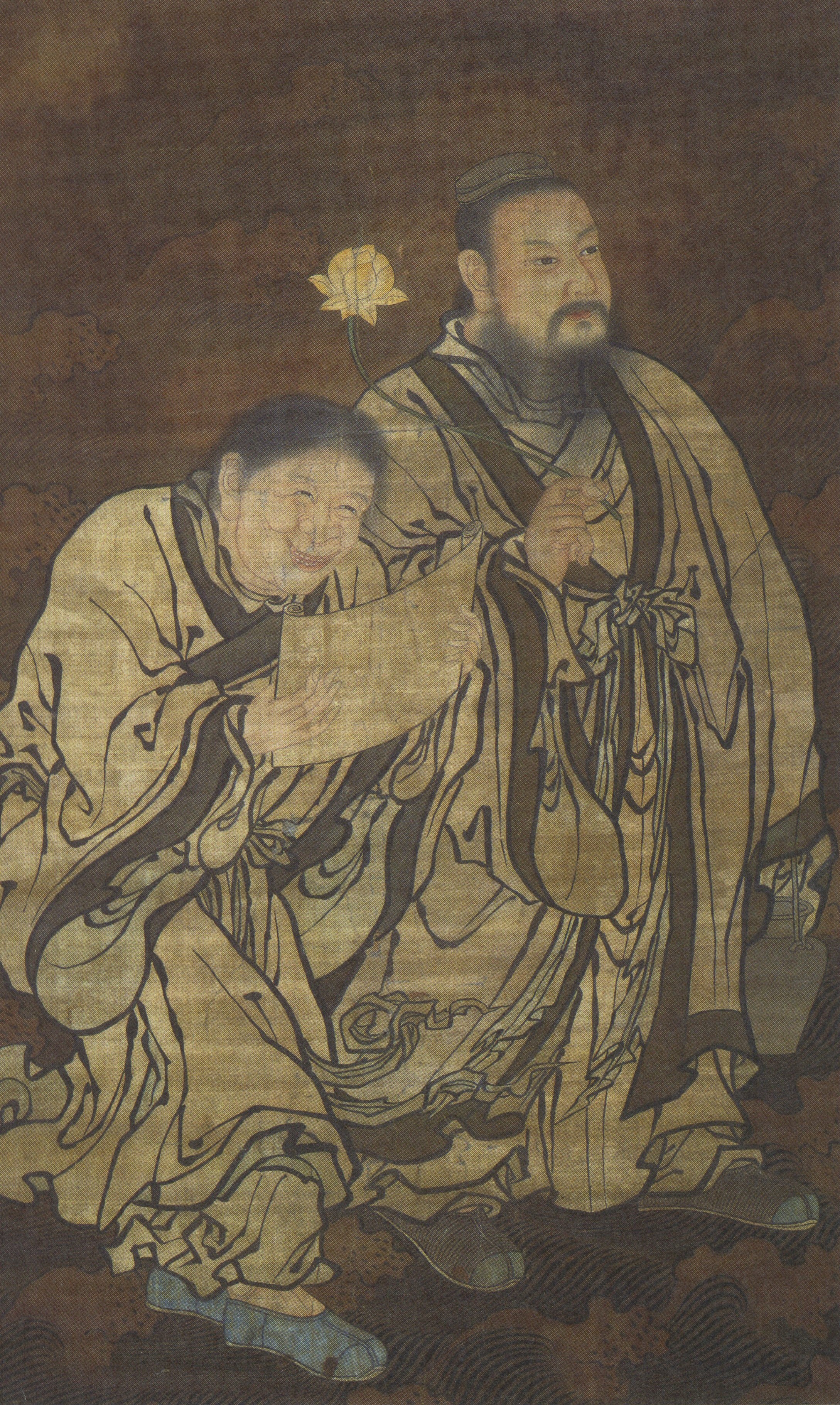 Vertical painting on a textured, brown-toned background showing two robed figures standing