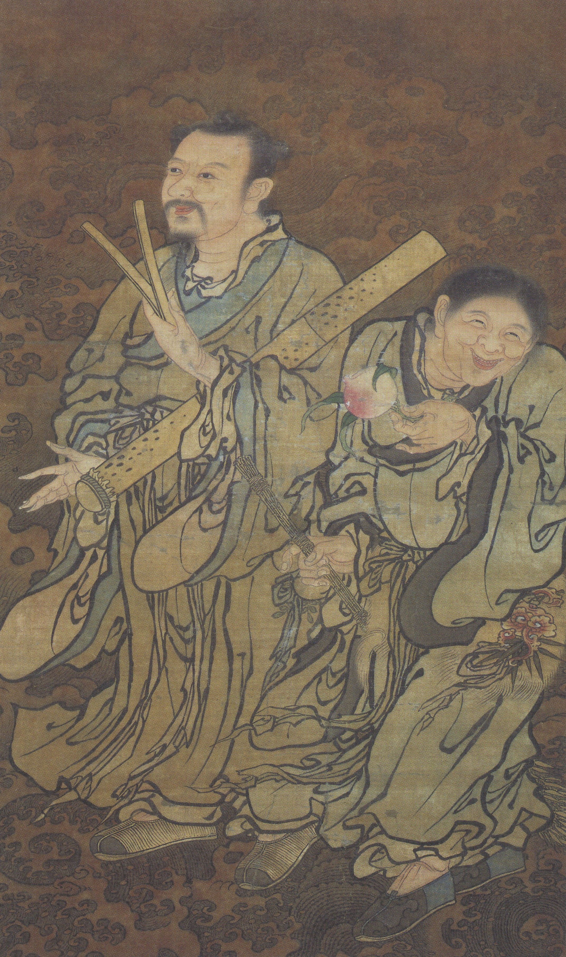Vertical painting on a textured, brown-toned background showing two robed figures standing 