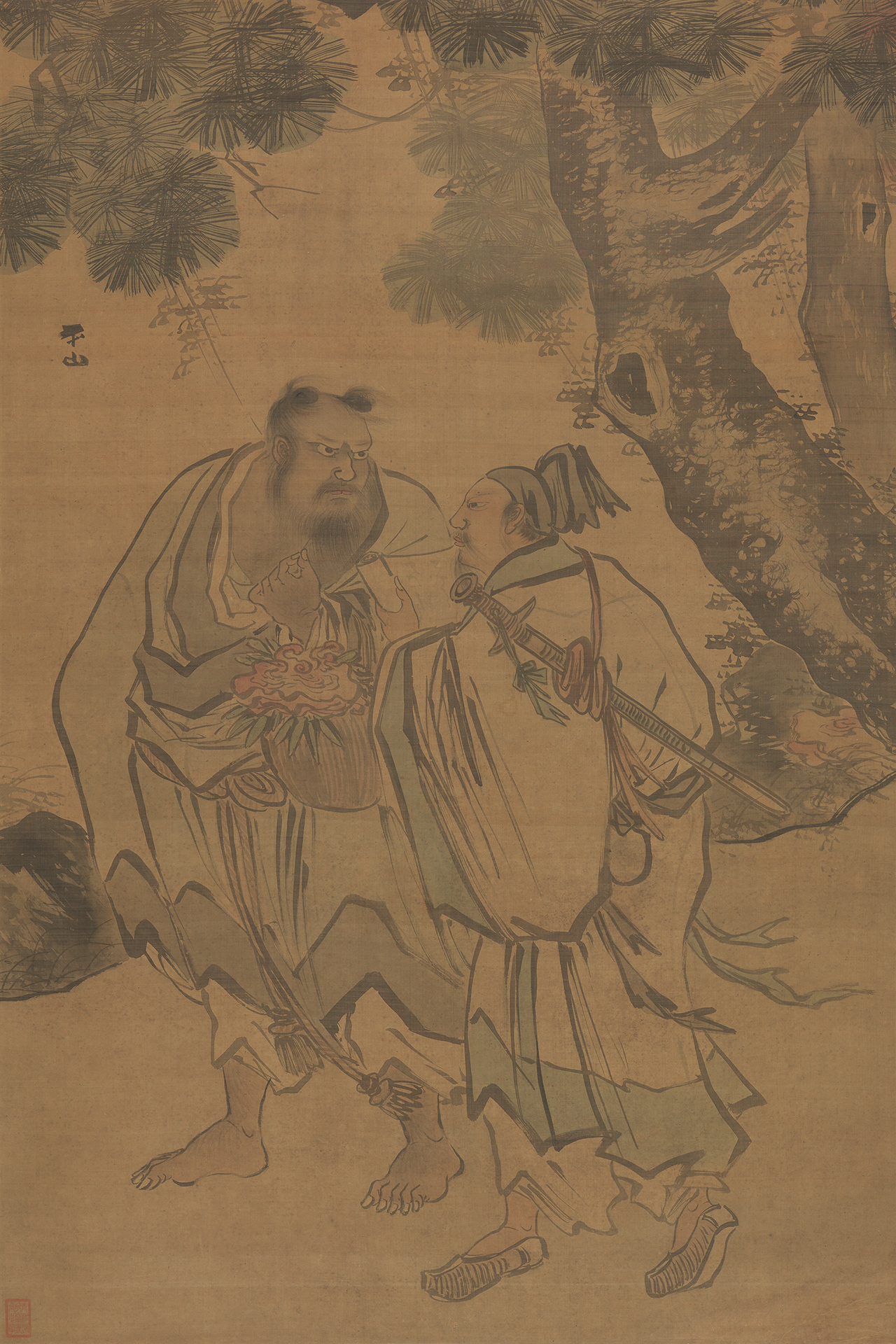 Vertical ink-and-color painting on a tan silk ground showing two robed figures standing outdoors beneath a large tree. 