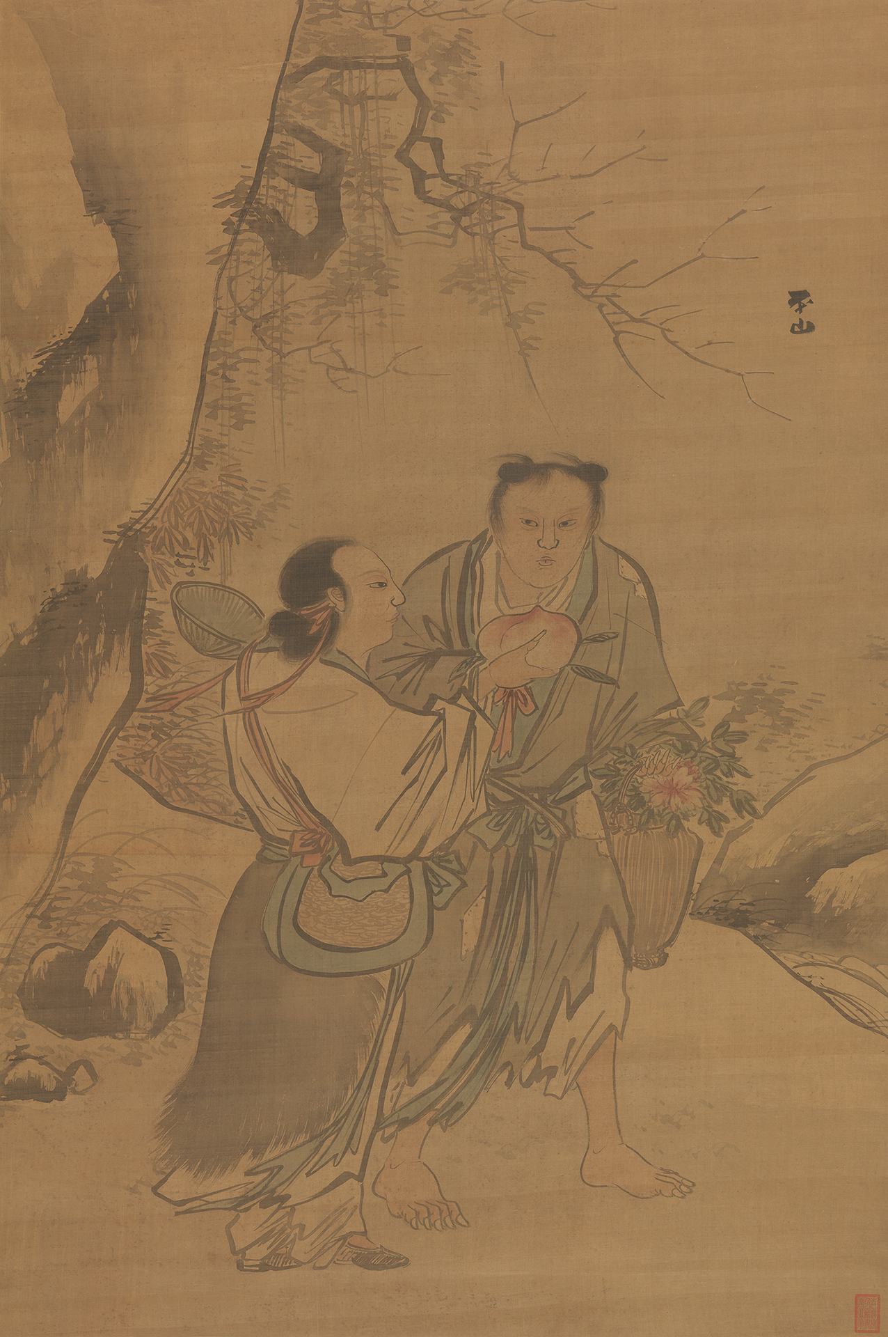Vertical ink-and-color painting on a tan silk ground showing two robed figures standing outdoors beneath a large tree. 