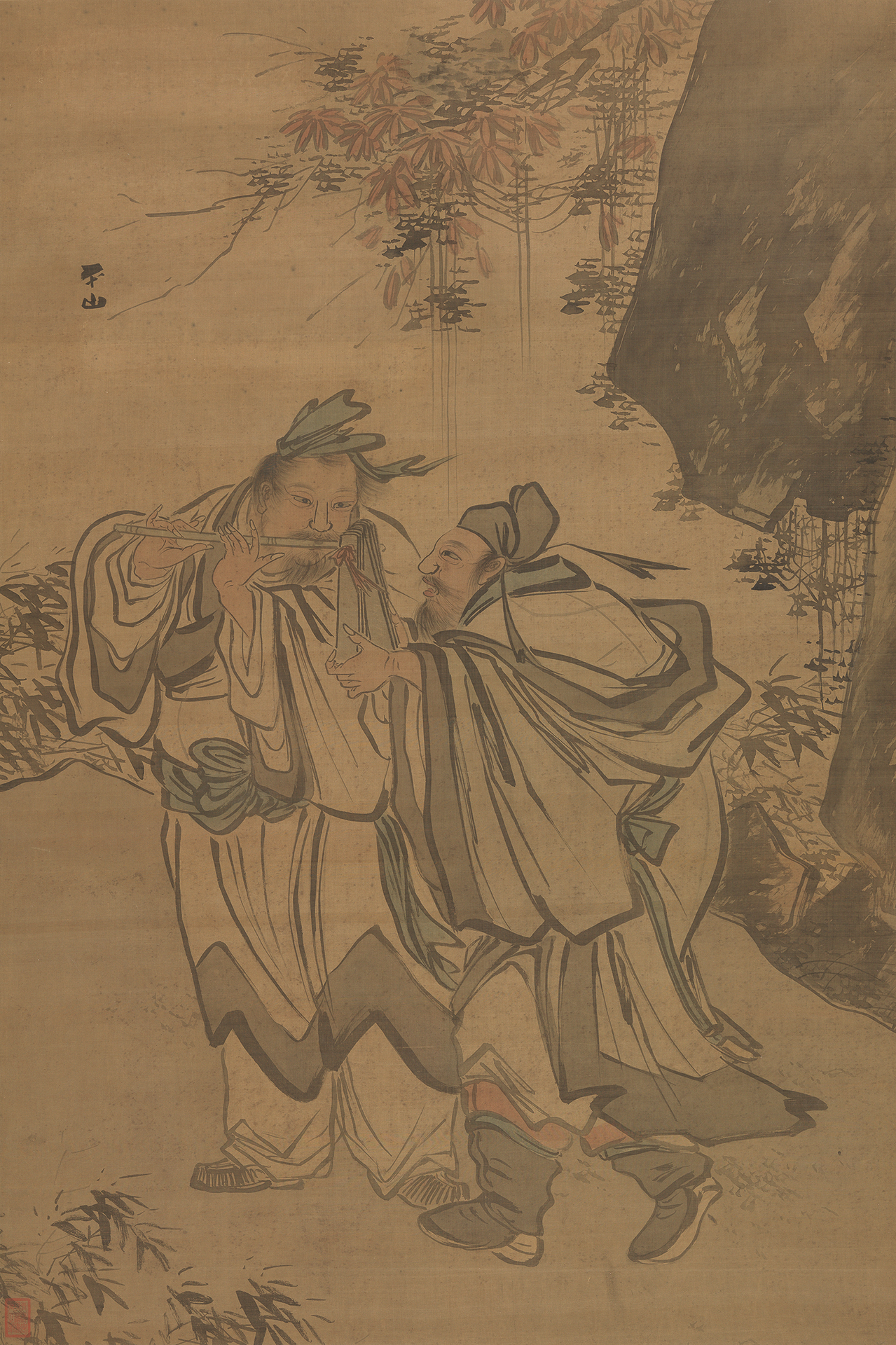 Vertical ink-and-color painting on a tan silk ground showing two robed figures standing outdoors beneath a large tree. 