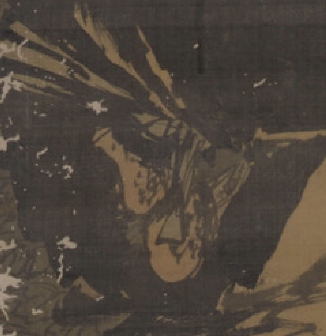Vertical ink-and-wash painting on a tan, aged scroll. Two human figures in flowing robes are shown outdoors among grasses and rocks; one figure stands or leans forward holding long, leafy branches, while another figure crouches below with a hunched posture. The style is monochrome linework with light ink washes, visible wear, and scattered patches of abrasion across the surface.