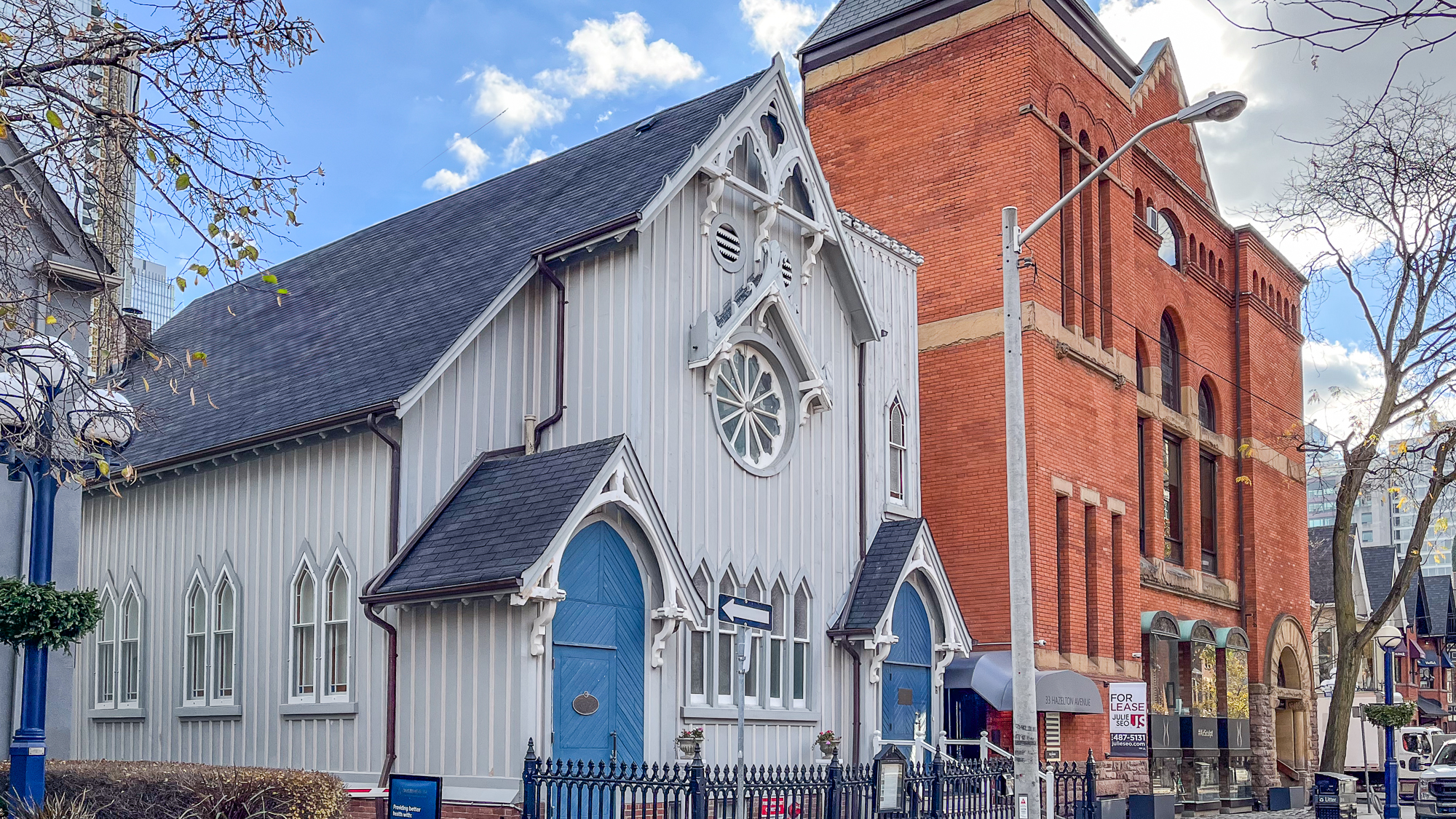 Street view of hall and church