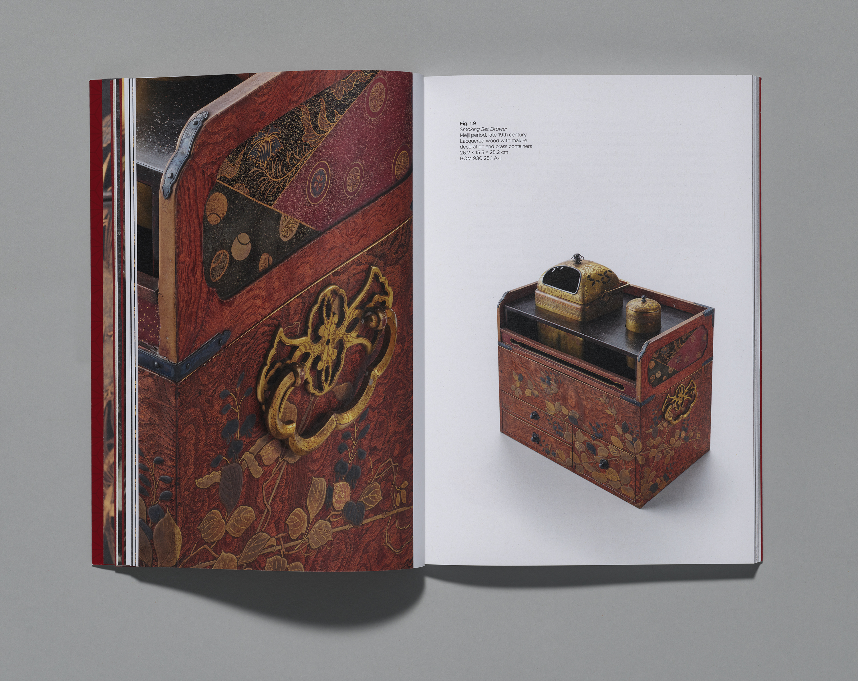 An open book spread with a close-up of a decorated chest on the left page and a full view of an wooden box with drawers on the right page.