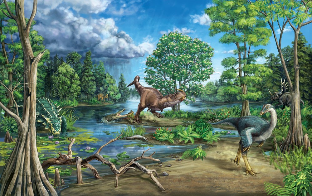 Dinosaurs in a lush prehistoric forest near a water body, with one dinosaur drinking and another standing alert.