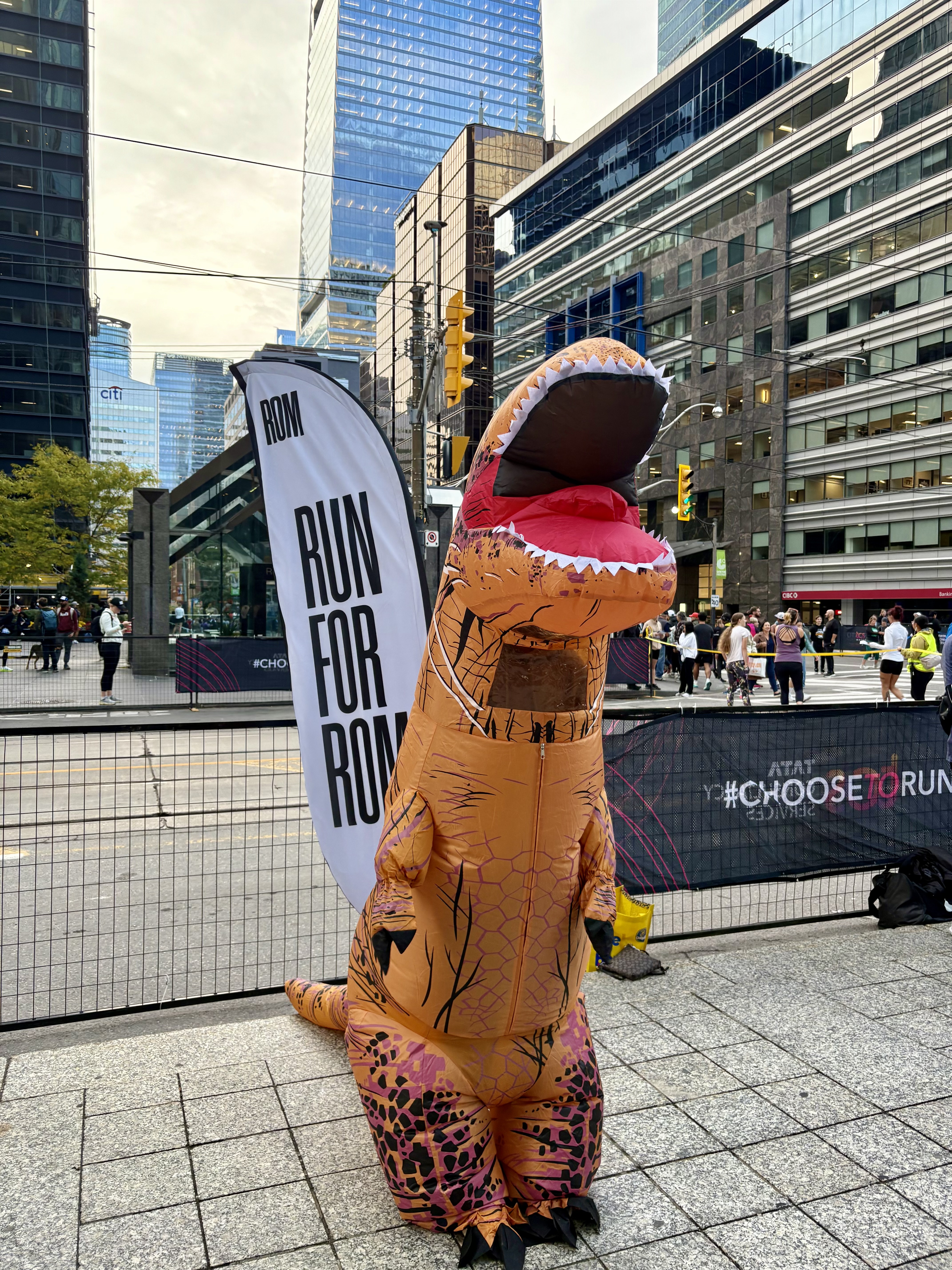 Introduce an inflatable dinosaur mascot as the official Run for ROM mascot, greeting participants at the 5K start line and cheering them on throughout the event. 