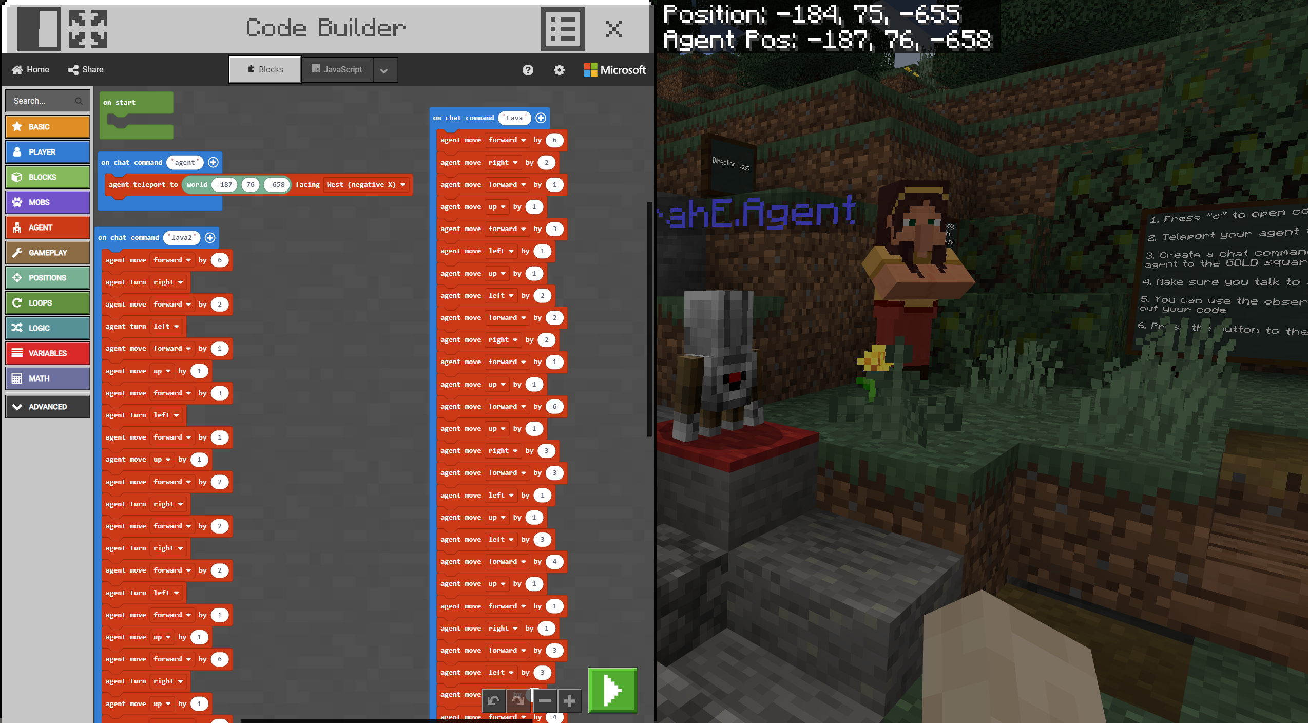 A Minecraft screenshot of a coding interface