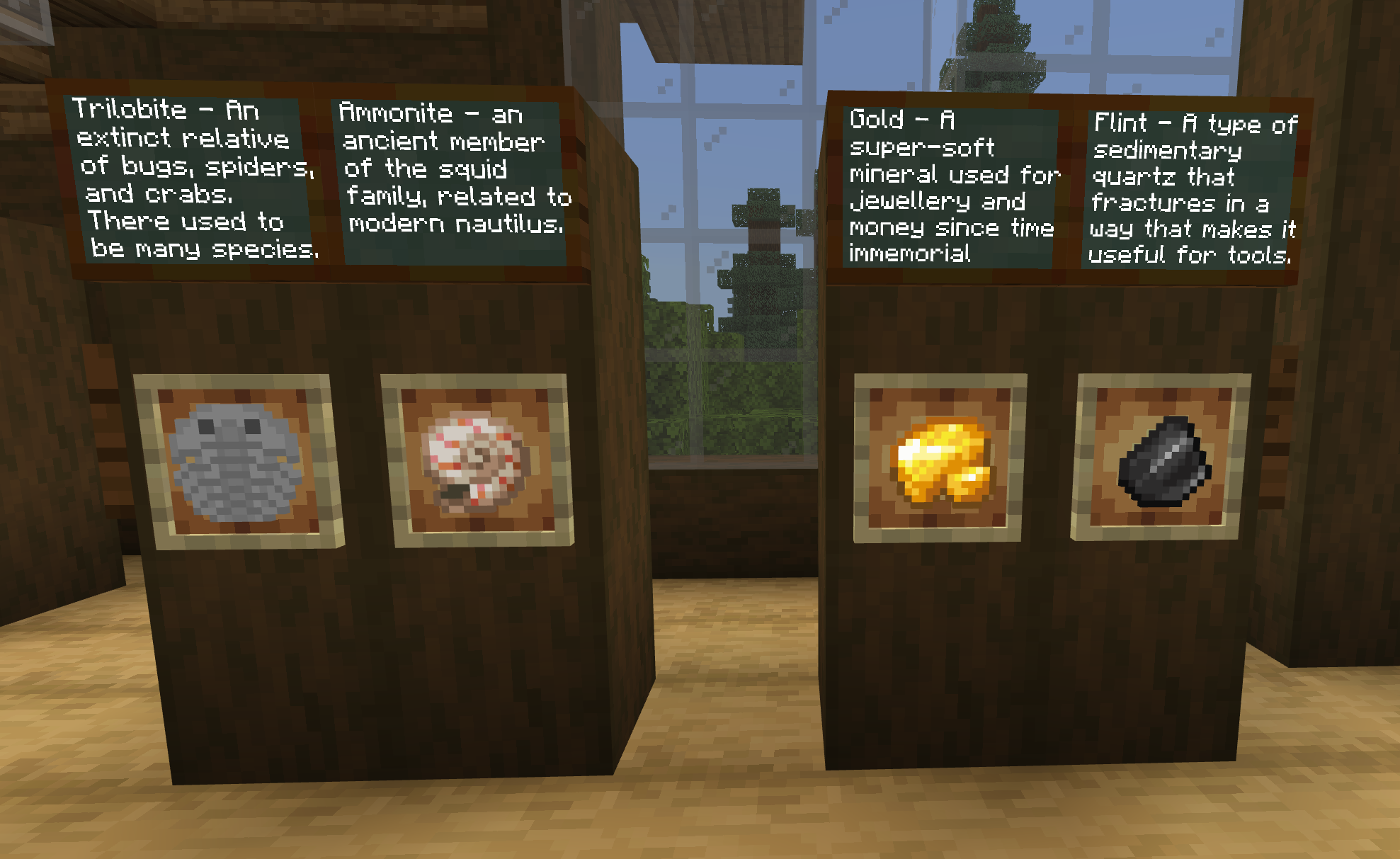 A Minecraft screenshot of items in frames including a custom-built trilobite