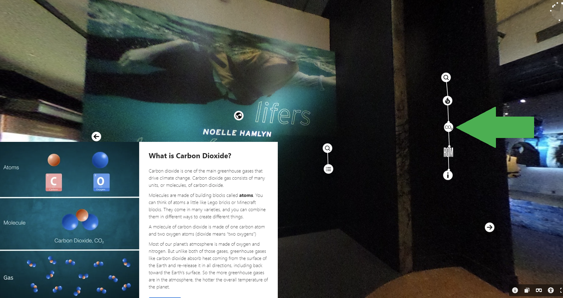 An interactive 360 image of a museum gallery with text of an interactive label