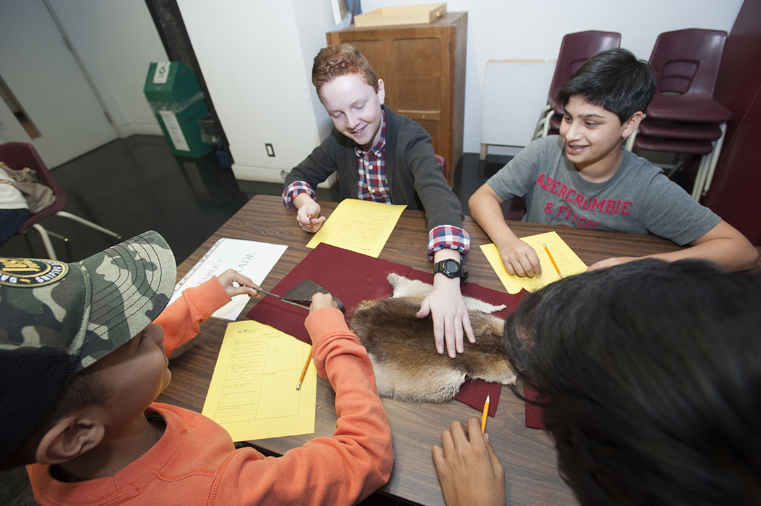 A smiling student touches muskrat fur while his classmates look on.