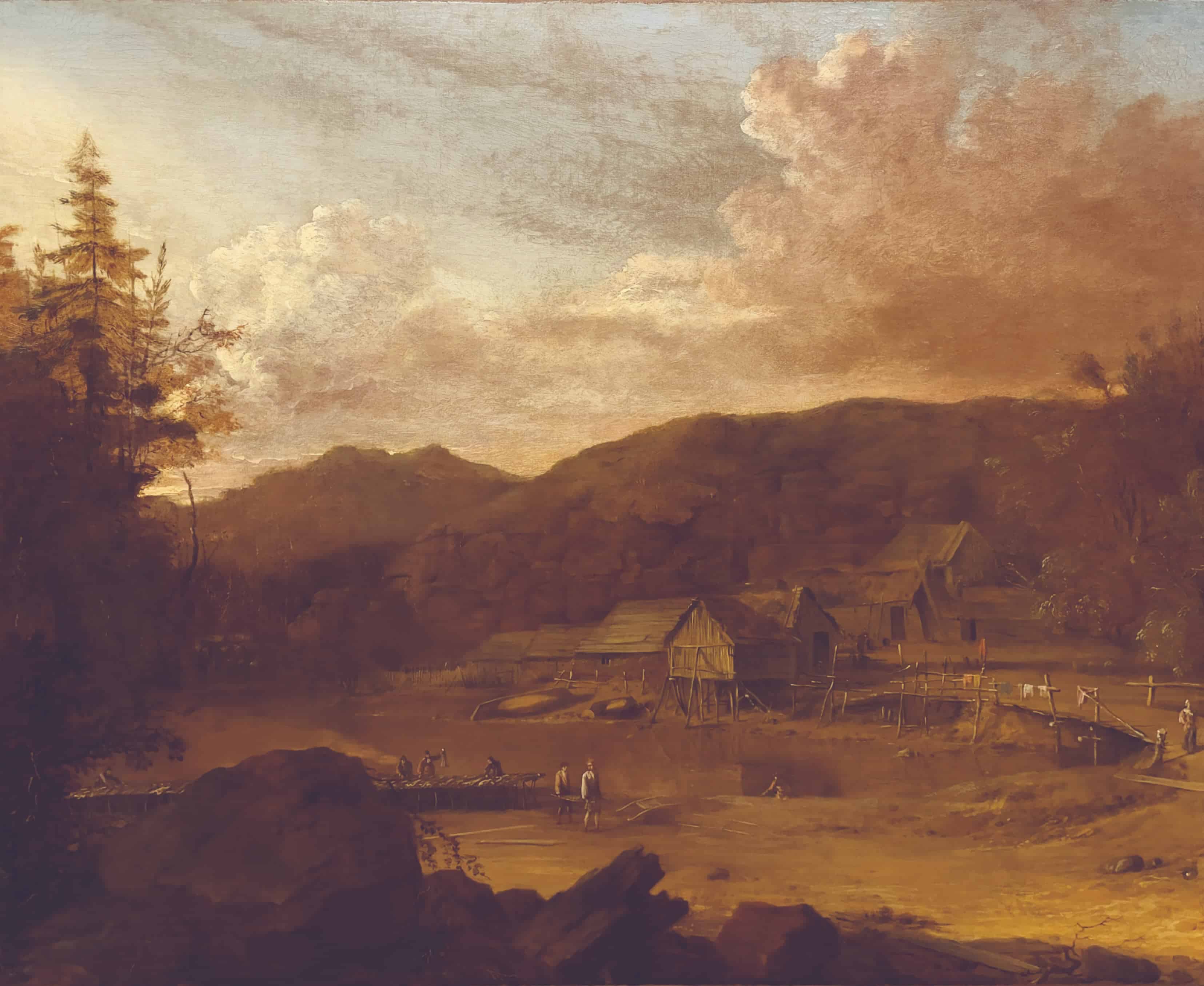Tableau représentant un hameau rural au crépuscule, avec de petites maisons en bois, quelques personnages et des collines ondulantes sous un ciel spectaculaire, chargé de nuages.