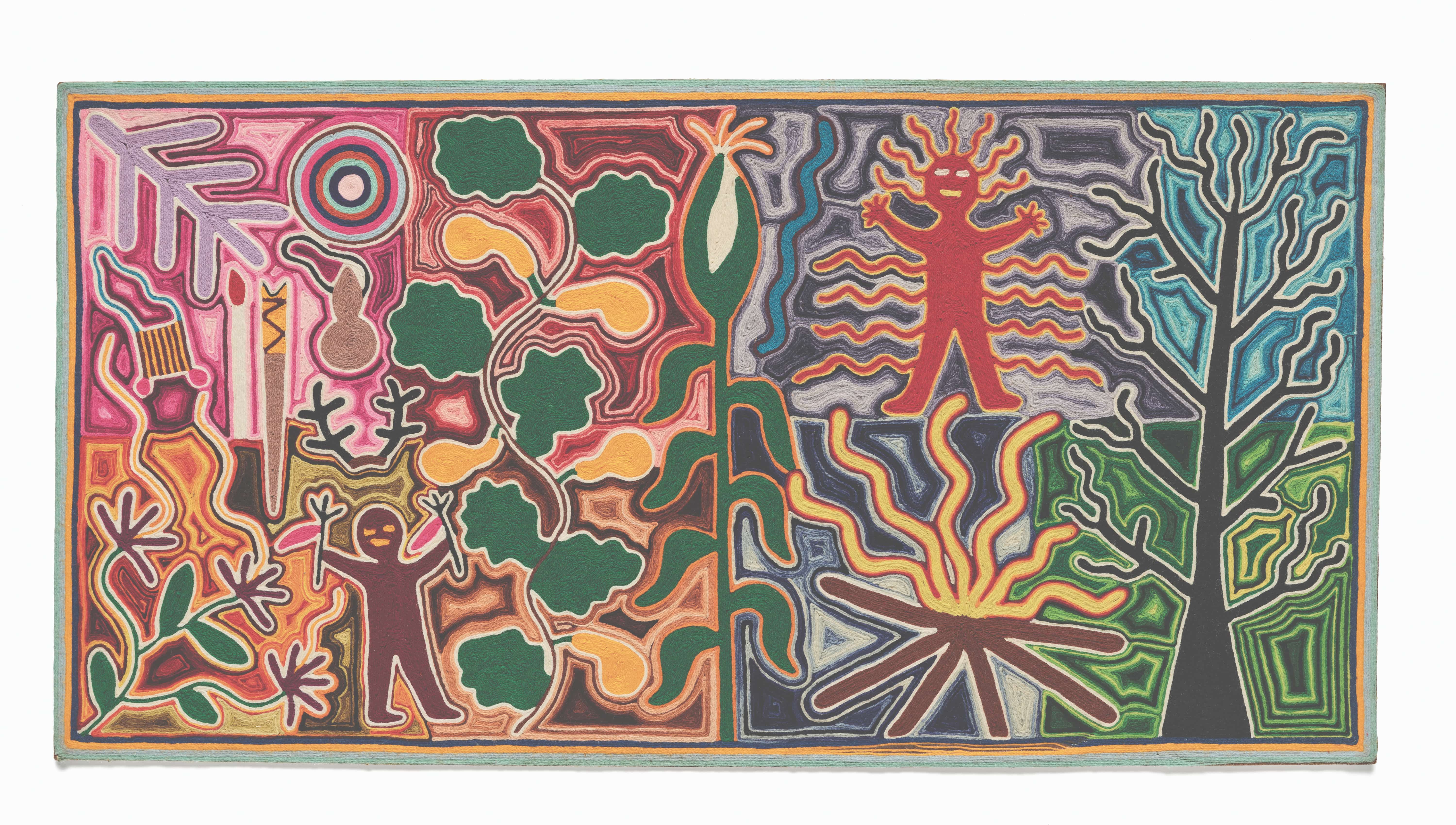 Œuvre d'art textile abstraite et colorée, divisée en deux scènes, représentant des arbres stylisés, des plantes, des figures anthropomorphes et un feu central, le tout rendu à l'aide de formes aux contours marqués et dans des tons vifs de rose, bleu, vert, rouge et jaune.