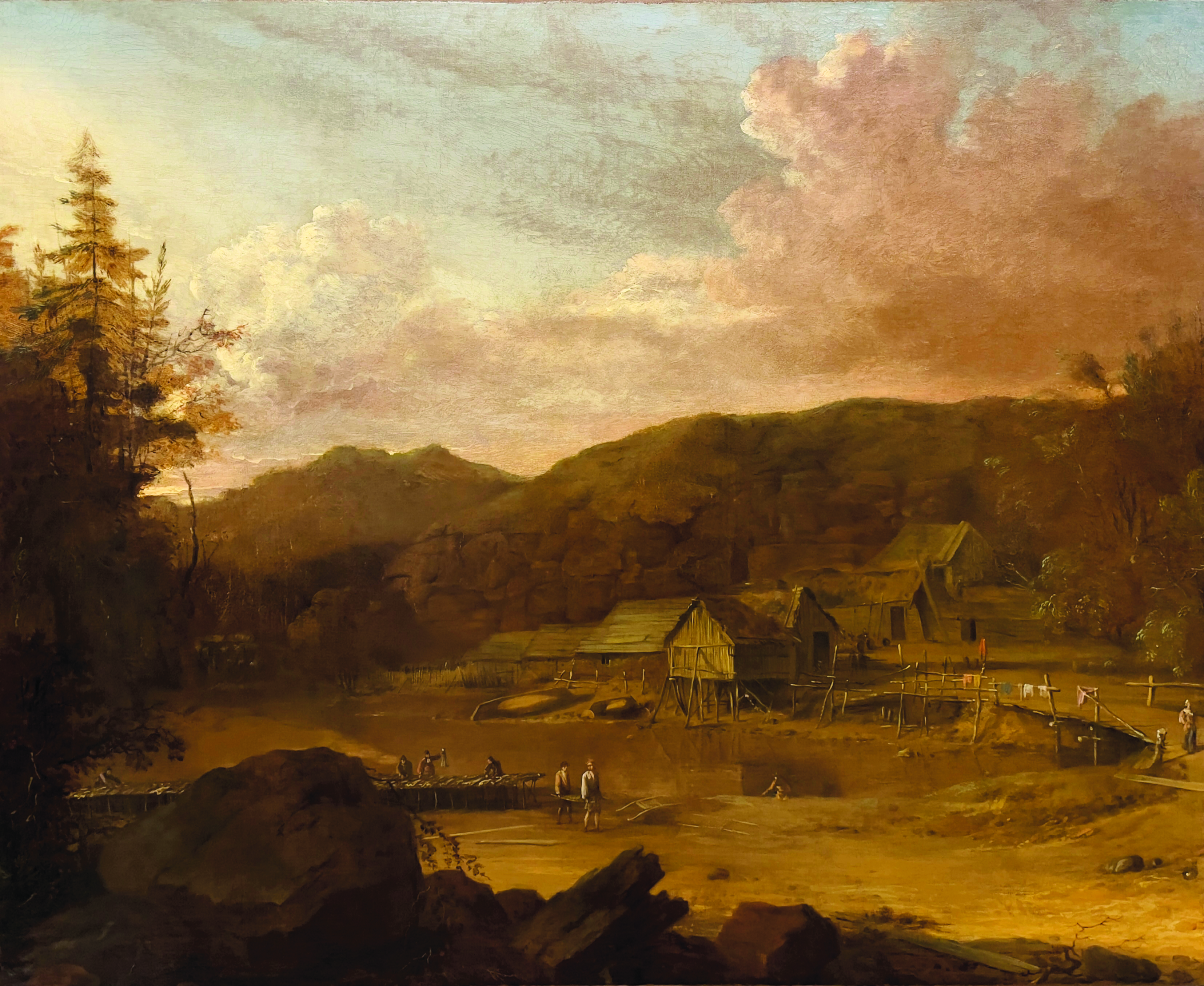 Painting of a rural settlement at dusk, with small wooden buildings, a few figures, and rolling hills beneath a dramatic, cloud-filled sky.