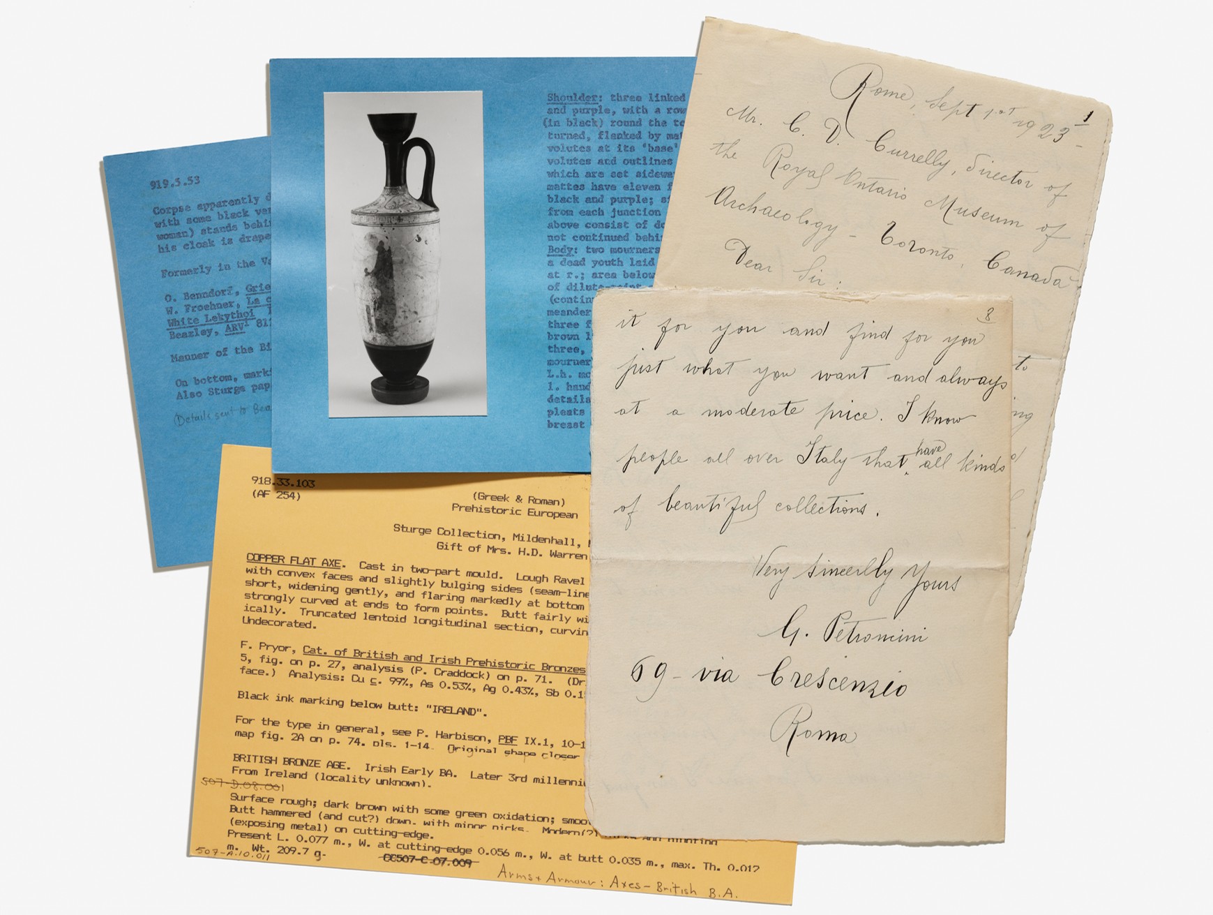 Four handwritten and typed letters arranged in a fan shape, one including a printed image of a ceramic jug.
