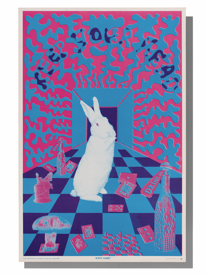 Psychedelic poster featuring a white rabbit in a blue-and-pink checkerboard room, surrounded by playing cards, bottles, a chessboard, and mushroom-like objects against a vibrant abstract background.