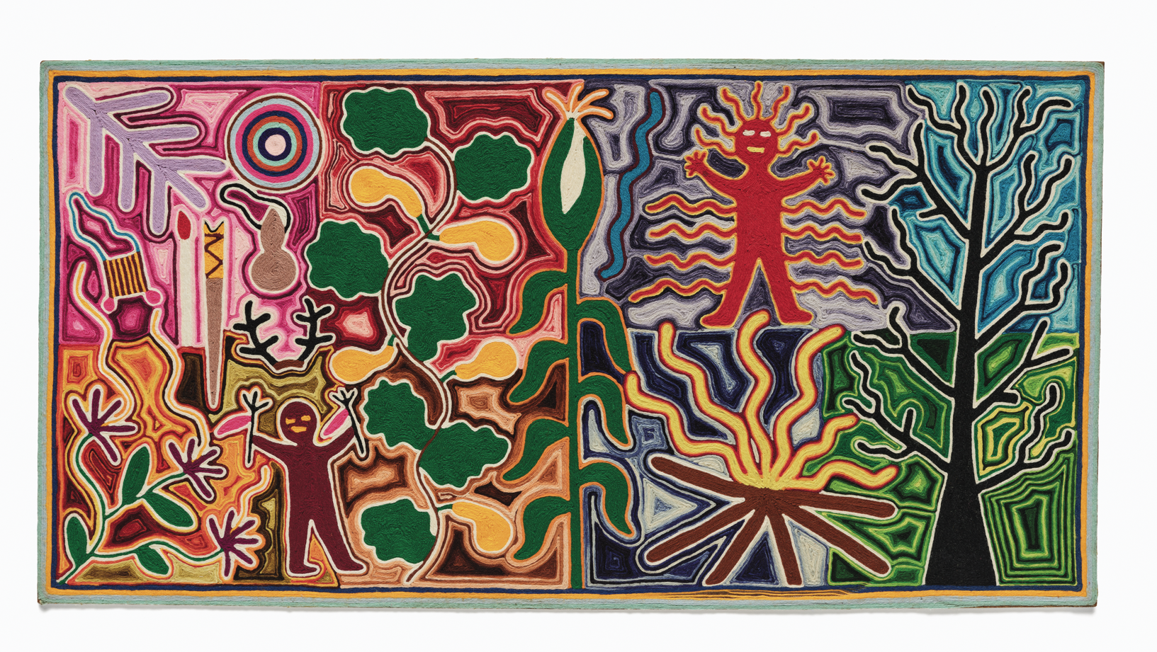 Colorful abstract textile artwork divided into two scenes, featuring stylized trees, plants, human-like figures, and a central fire rendered in bold outlined shapes and vibrant pink, blue, green, red, and yellow tones.