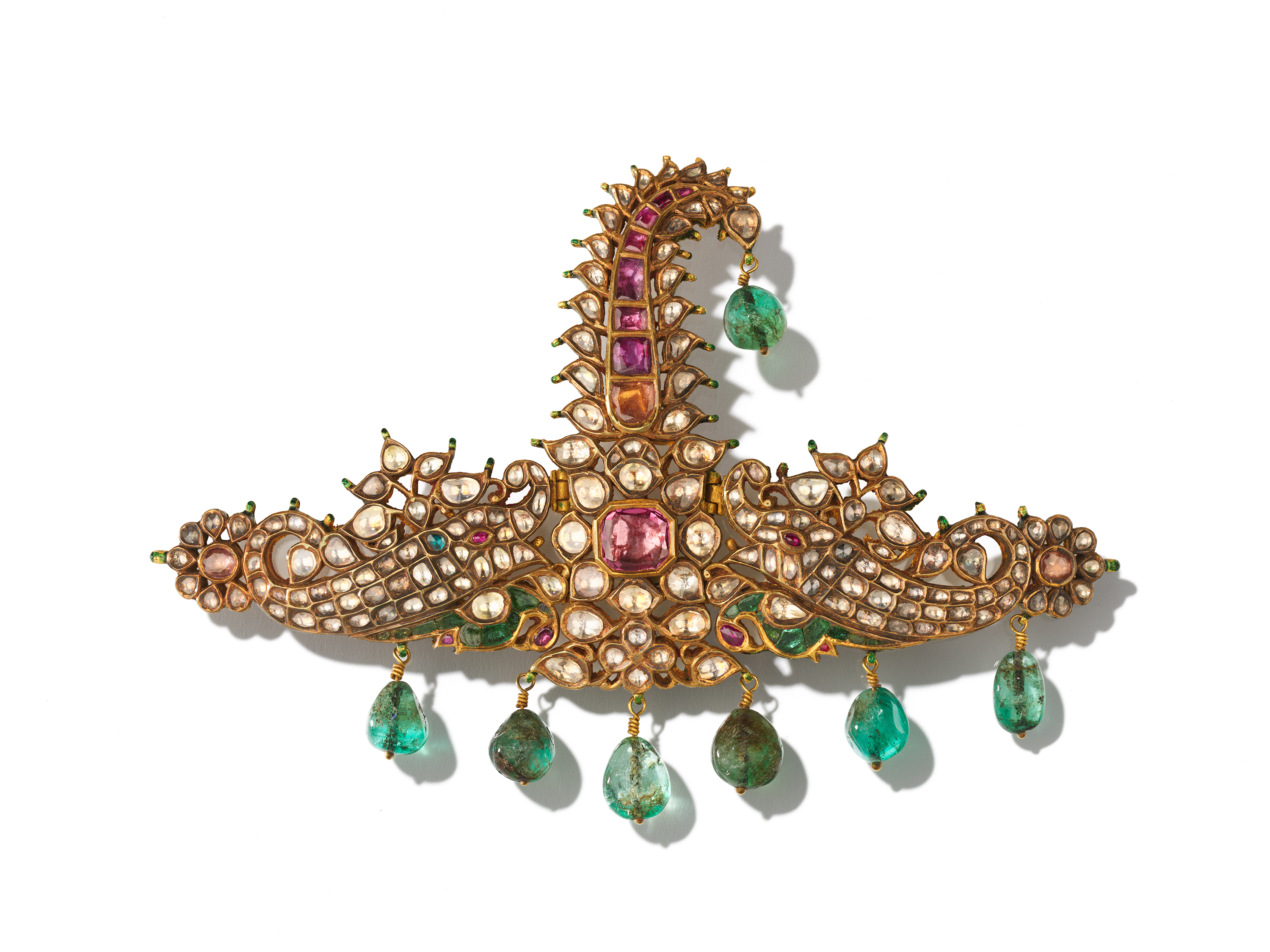 Ornament turban with with white sapphires, rubies, and emeralds set in kundan technique with enameled reverse in meenakari technique