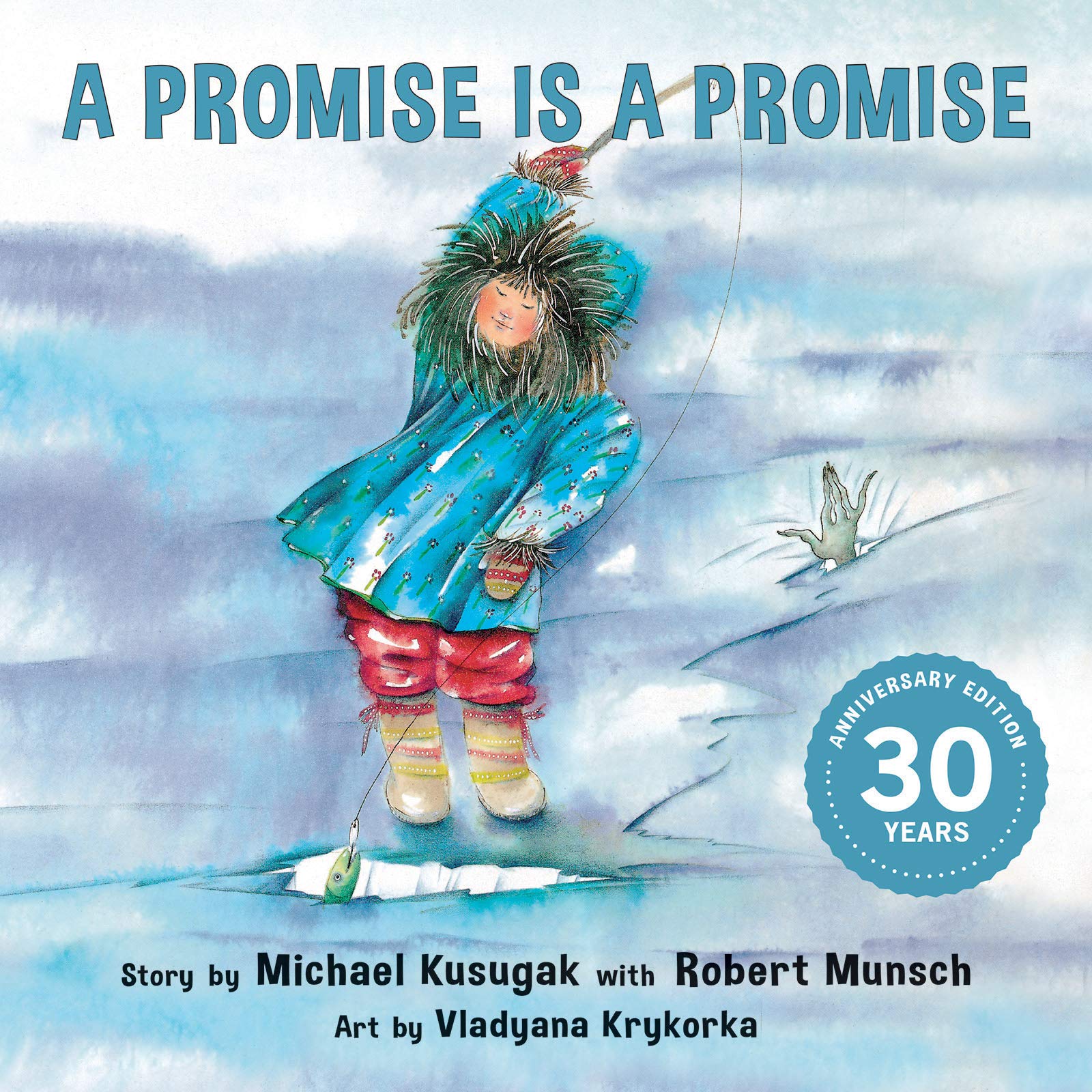 On the cover of “A Promise is a Promise”, an Inuit girl wearing a blue parka with a fur-lined hood, red leggings, and colourful boots, triumphantly pulls a fish out of a crack in the ice she stands on. Behind her, a grey, bony hand emerges from a second crack.