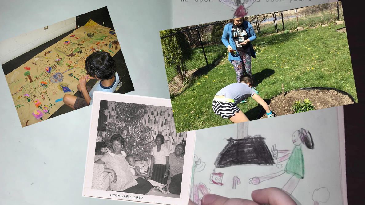 A collage of a south-Asian child working on a mural, a photo of a black family in front of a decorated tree dated February 1962, and two Asian children working on a garden, on a background of a book filled with a child’s drawings. 