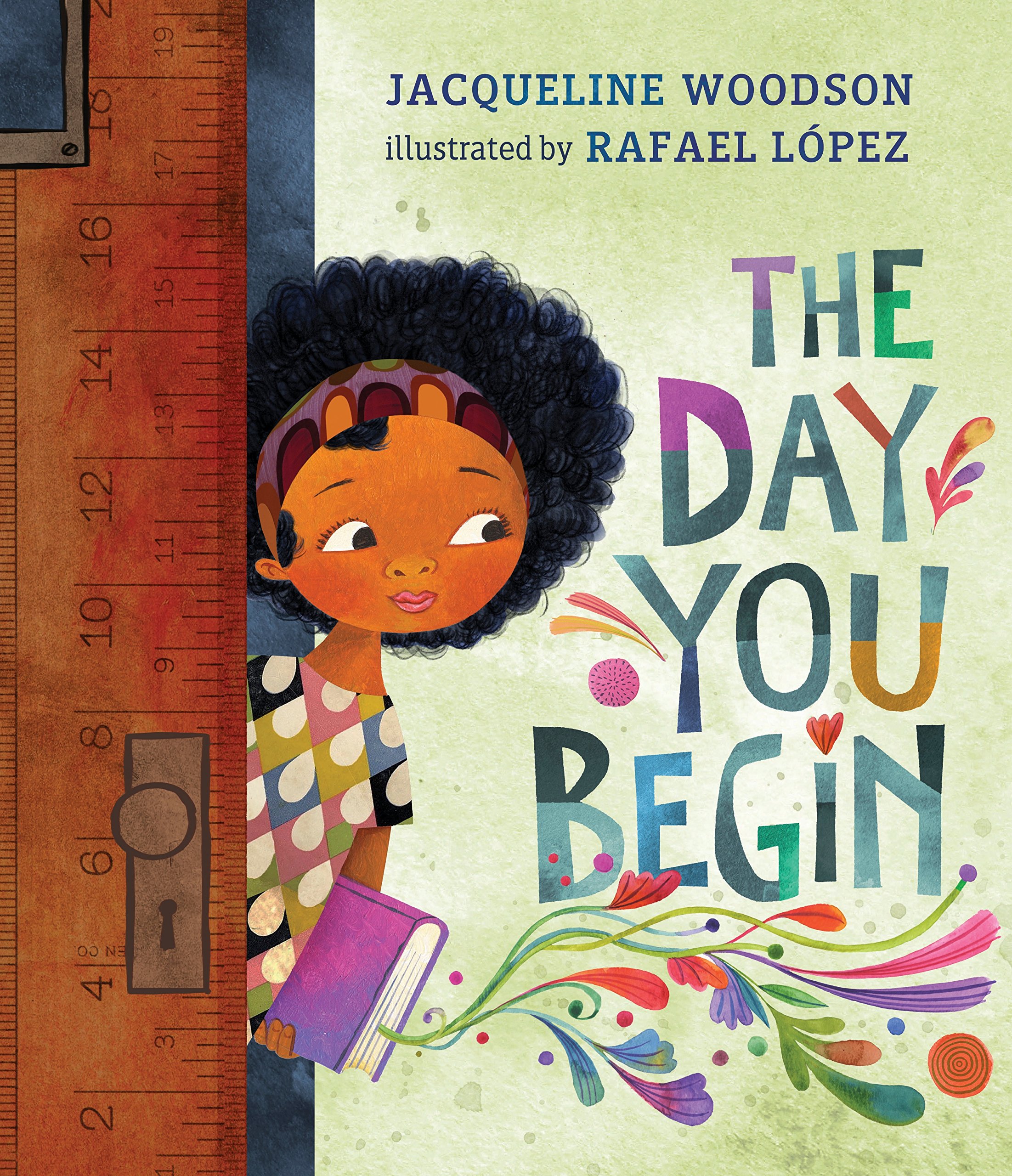 An illustration on the cover of the book “The Day You Begin” shows a girl with brown skin and curly black hair peeking out from behind a door as she enters a classroom.