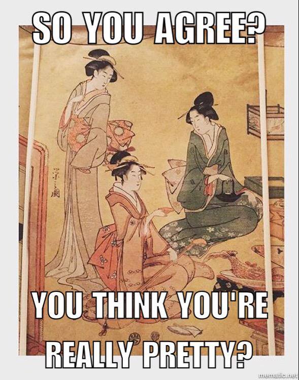 18th Century Japanese print of three women. Caption: So you agree? You think you're really pretty?