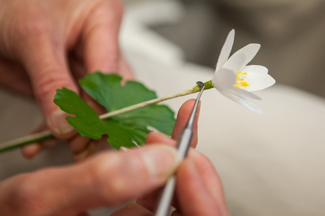 a closeup of an artifical wildflower being trimmed by a ROM artist