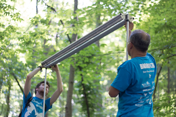 Burton and fellow biologist Toby Thorne set up a harp trap to catch bats in the night at Baker’s Woods. A harp trap is used to capture bats efficiently without having to disentangle them as is needed with mist nets or hand nets. Photo by Kendra Marjerrison