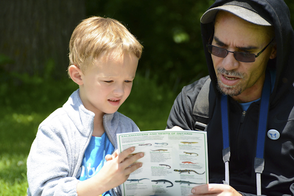Father and son studying amphibians on a field guide sheet. Photo by Anne-Sophie Blanc