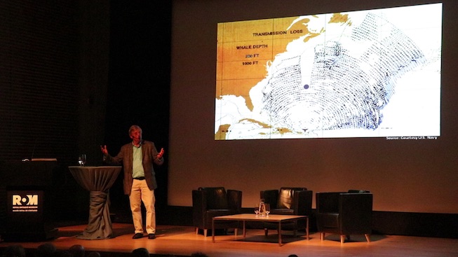 Christopher Clark at one of the ROM Speaks lecture series, giving a talk on blue whale acoustics. Photo by Viridiana Jimenez