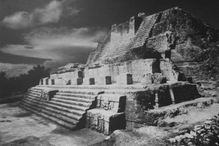 An archival photograph of a Mayan pyramid.